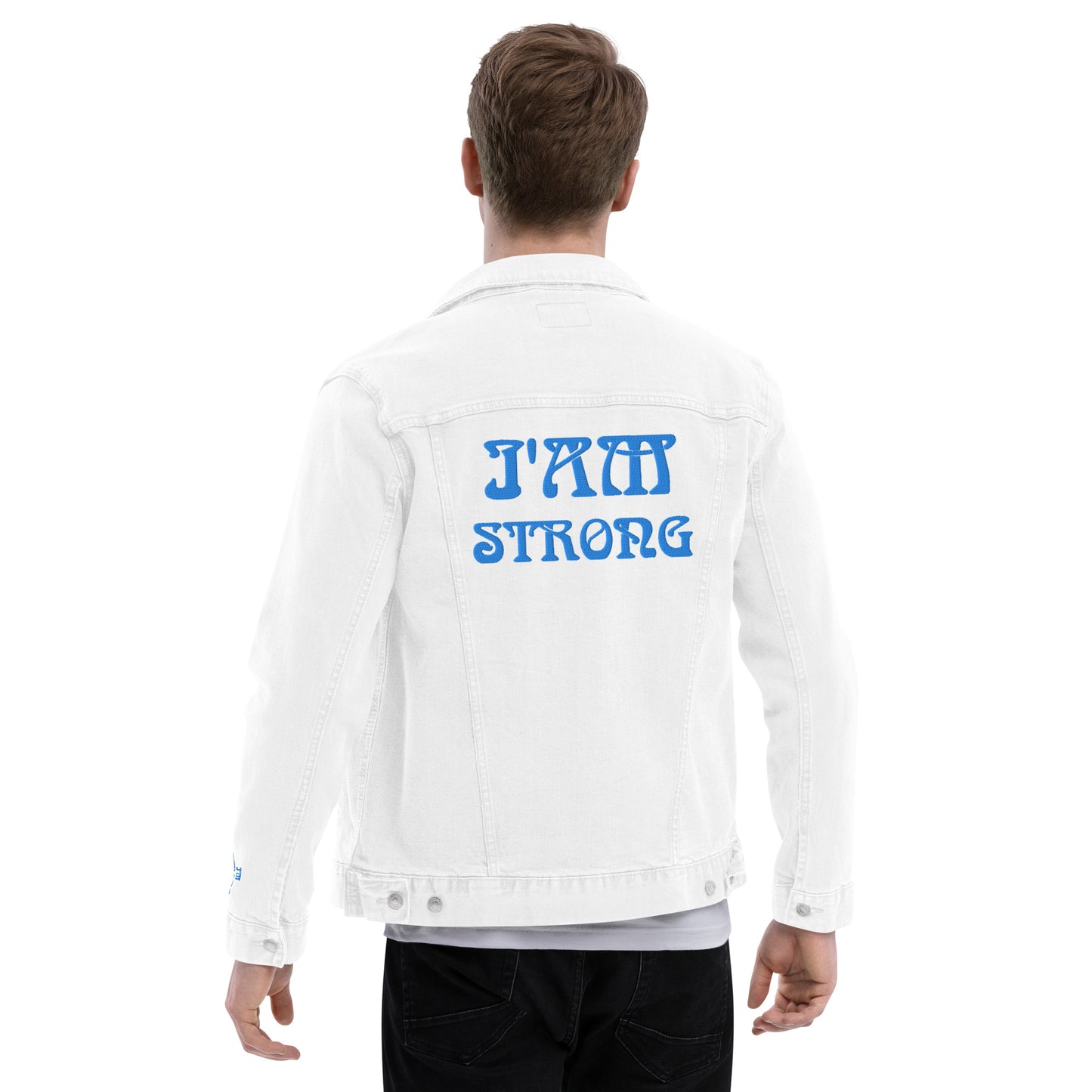 “IAM STRONG!"Unisex Denim Jacket W/SkyBlue Font