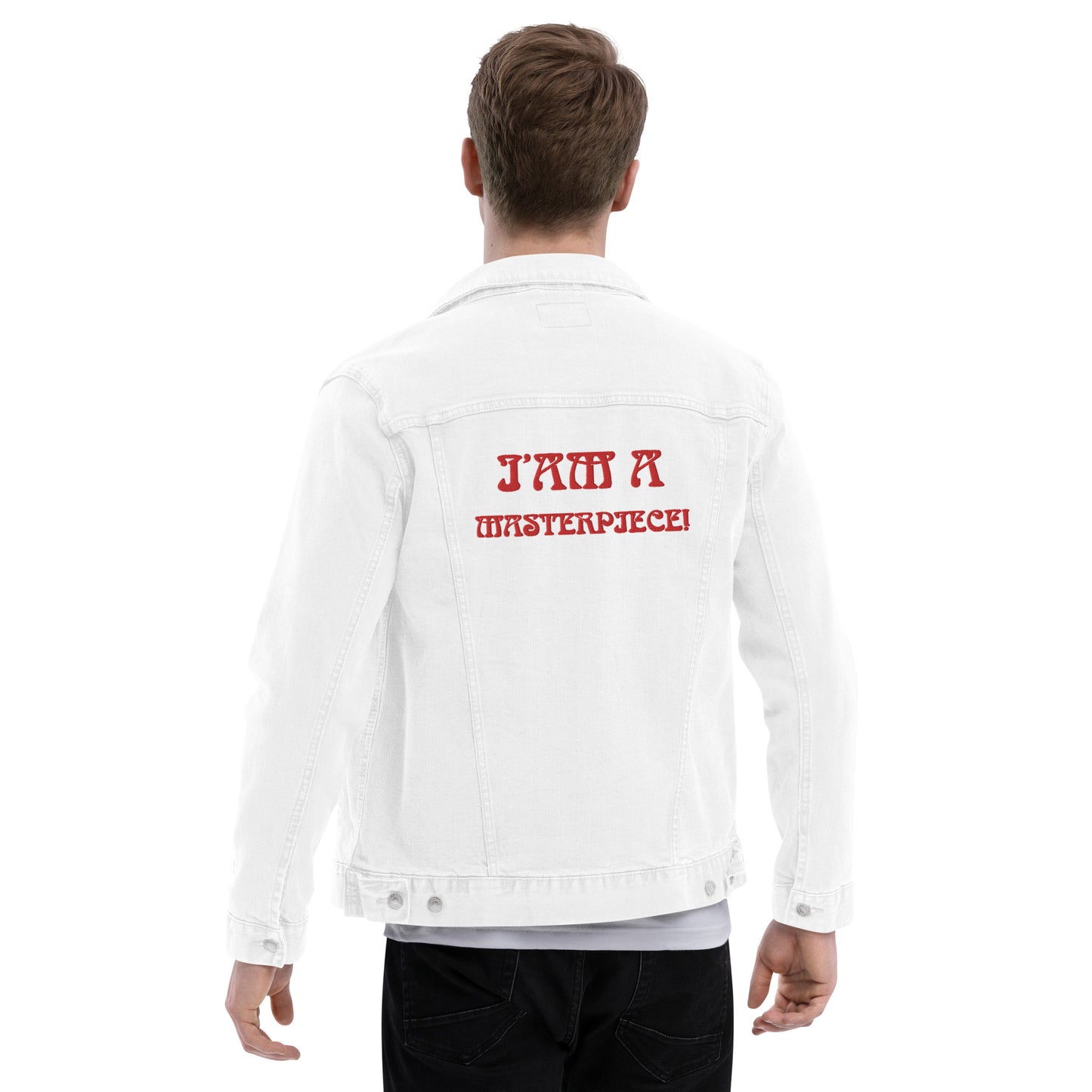 "I'AM A MASTERPIECE!"Unisex Denim Jacket W/Red Font