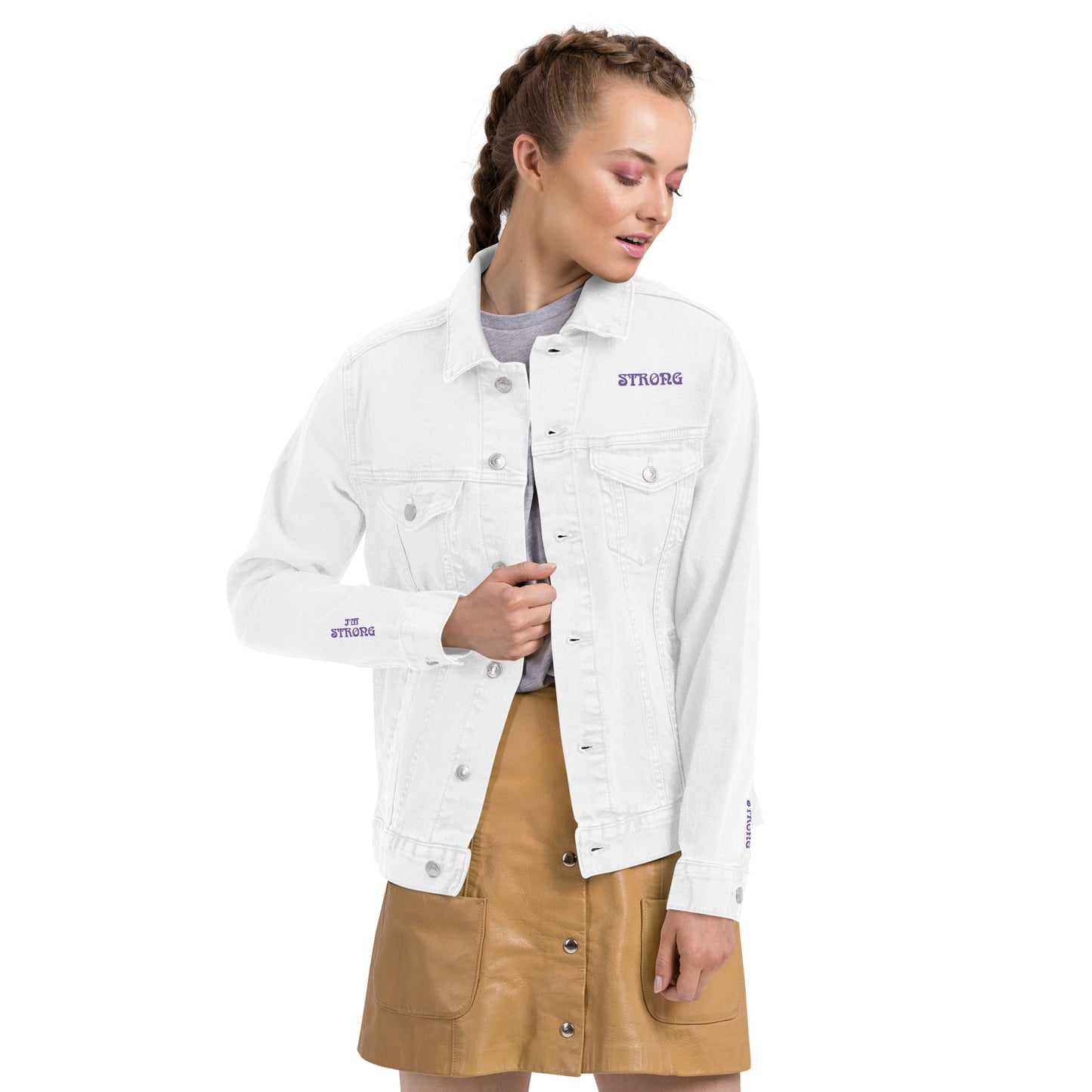 “IAM STRONG”Unisex Denim Jacket W/Purple Font