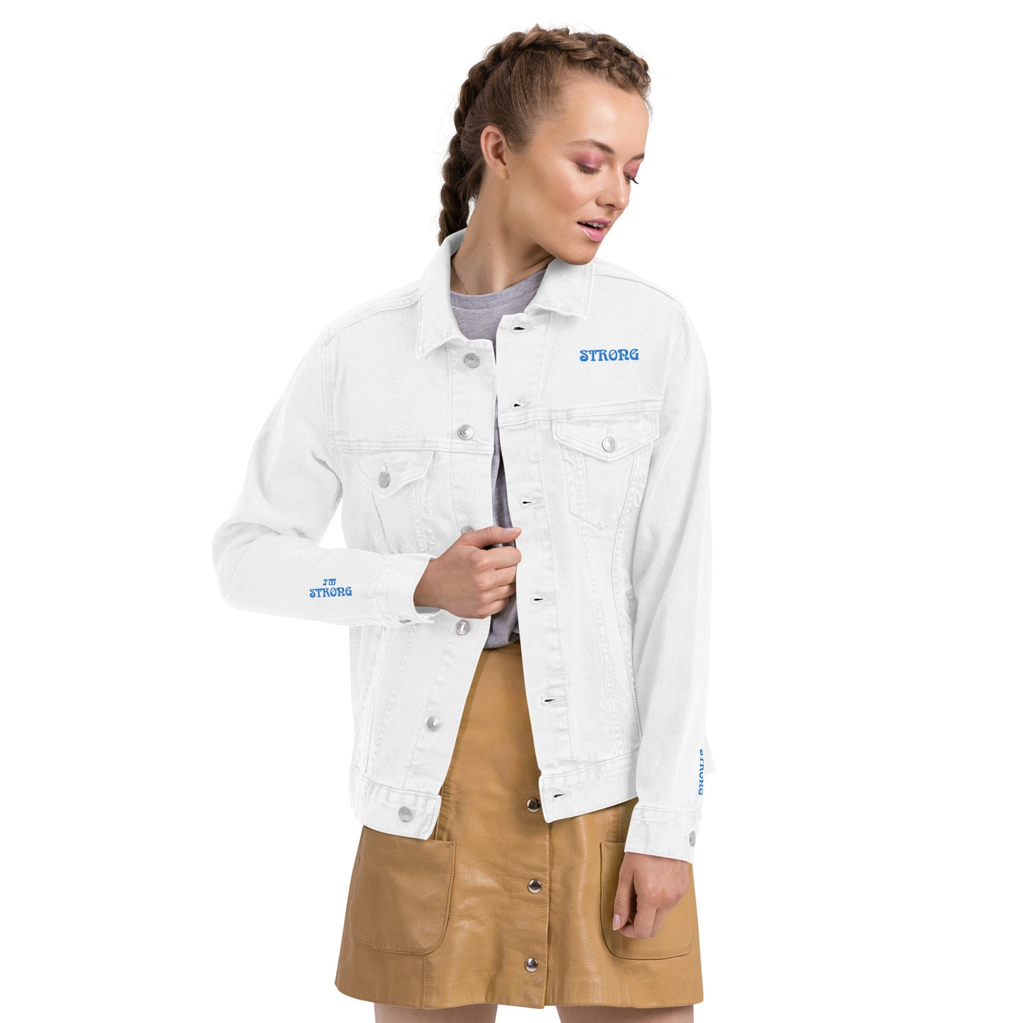 “IAM STRONG!"Unisex Denim Jacket W/SkyBlue Font