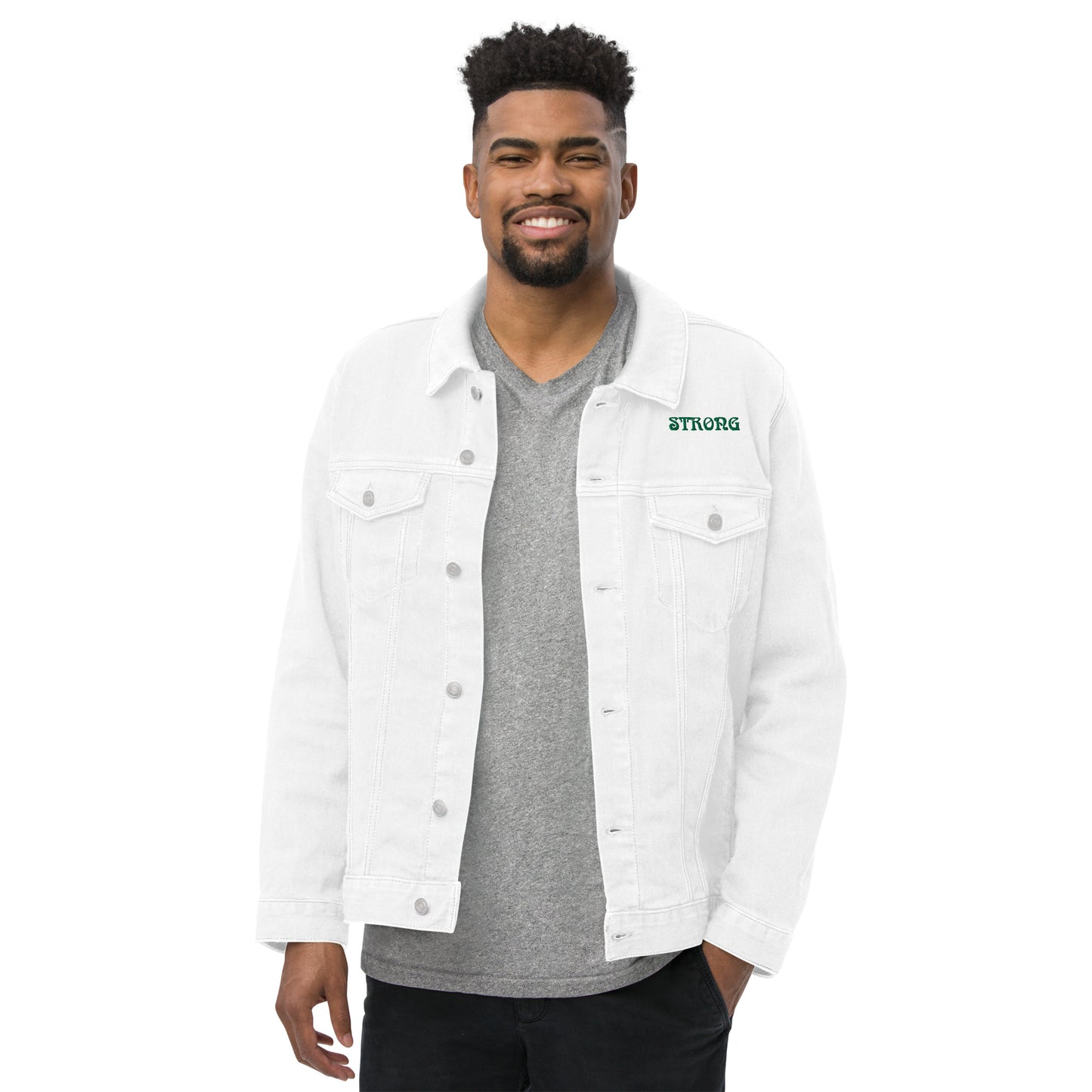 “STRONG”Unisex Denim Jacket W/Green Font