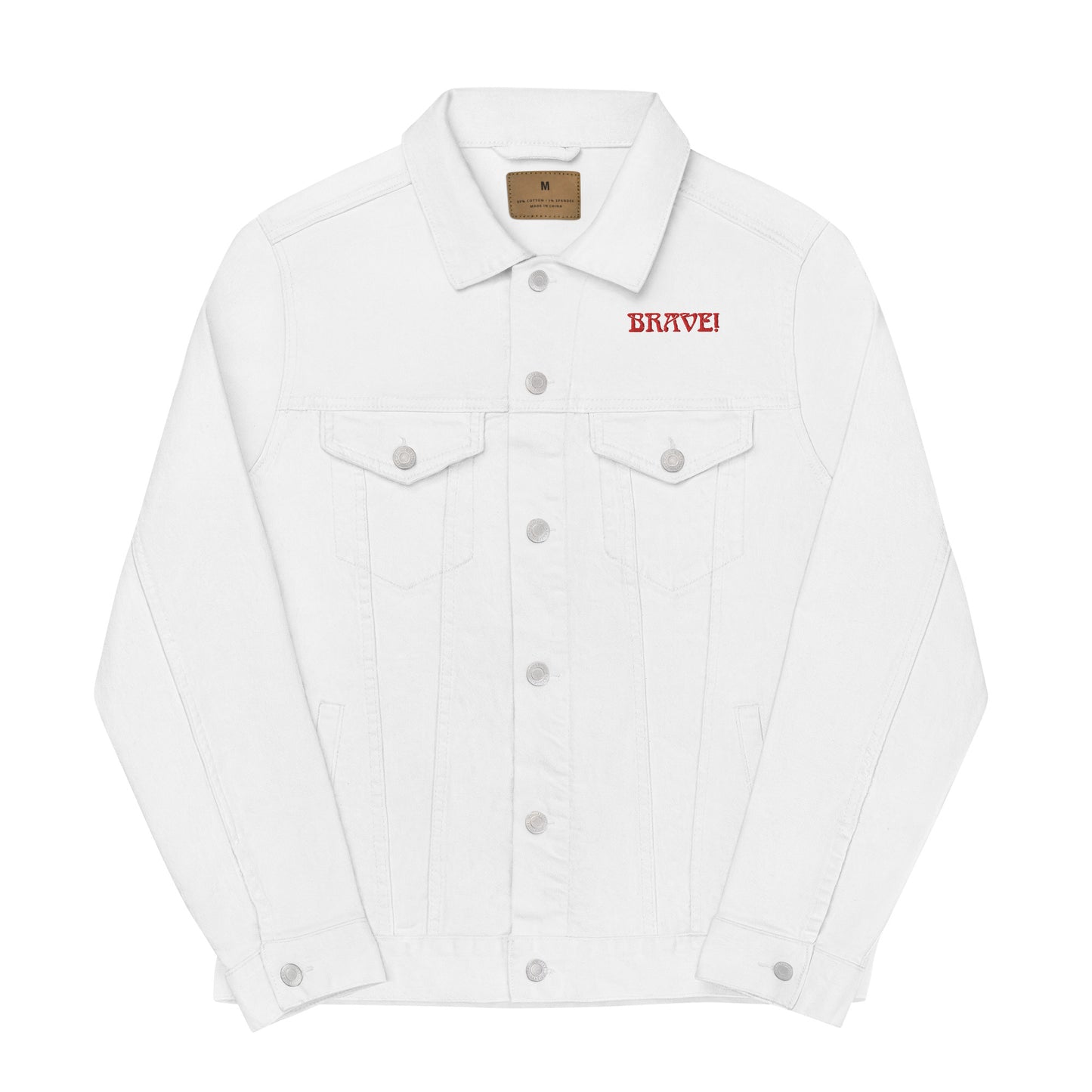 “BRAVE!”Unisex Denim Jacket W/Red Font