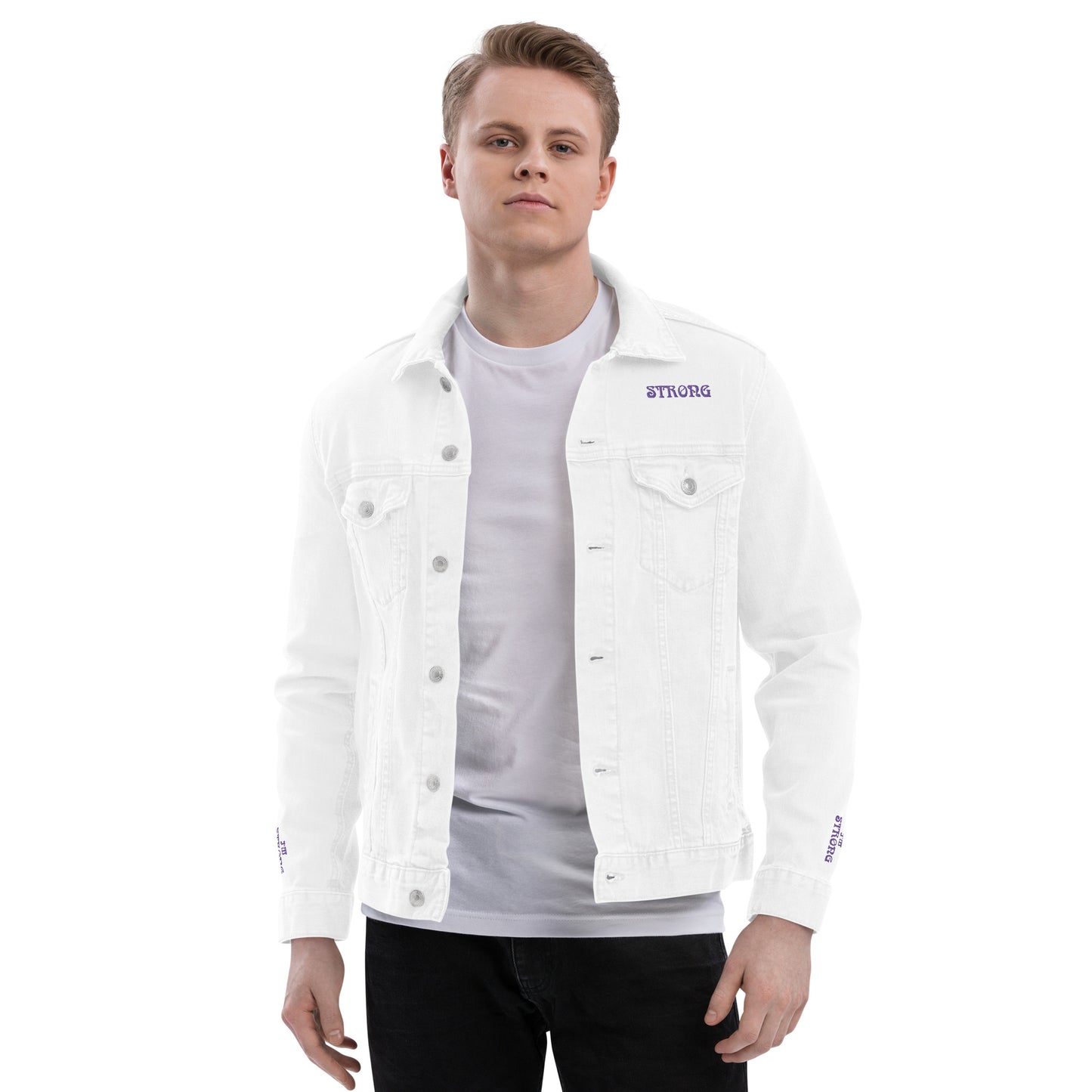 “IAM STRONG”Unisex Denim Jacket W/Purple Font
