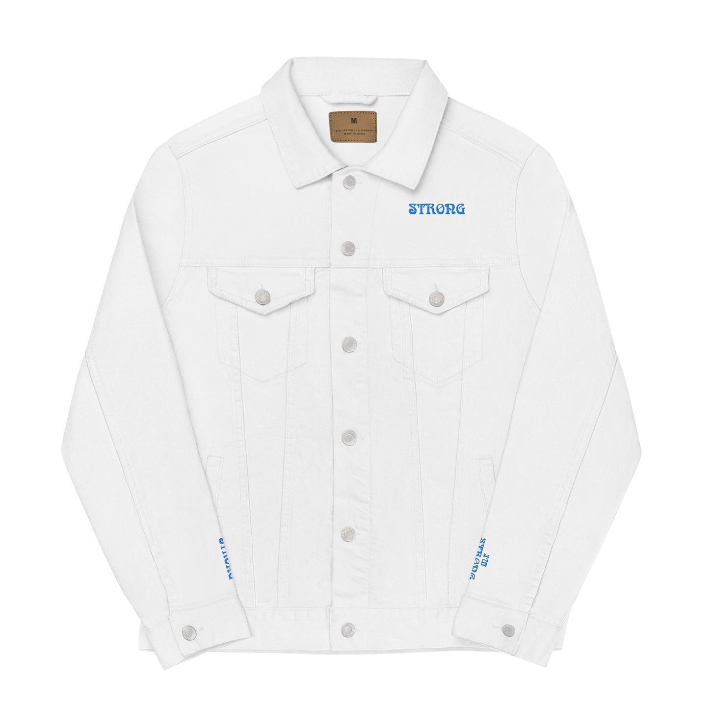 “IAM STRONG!"Unisex Denim Jacket W/SkyBlue Font