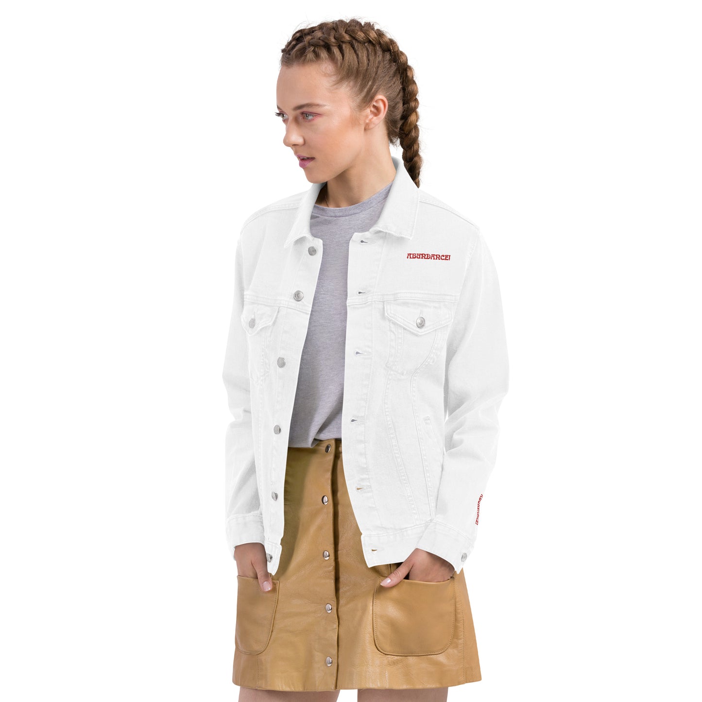 “I ATTRACT ABUNDANCE!” Unisex DenimJacket W/Red Font