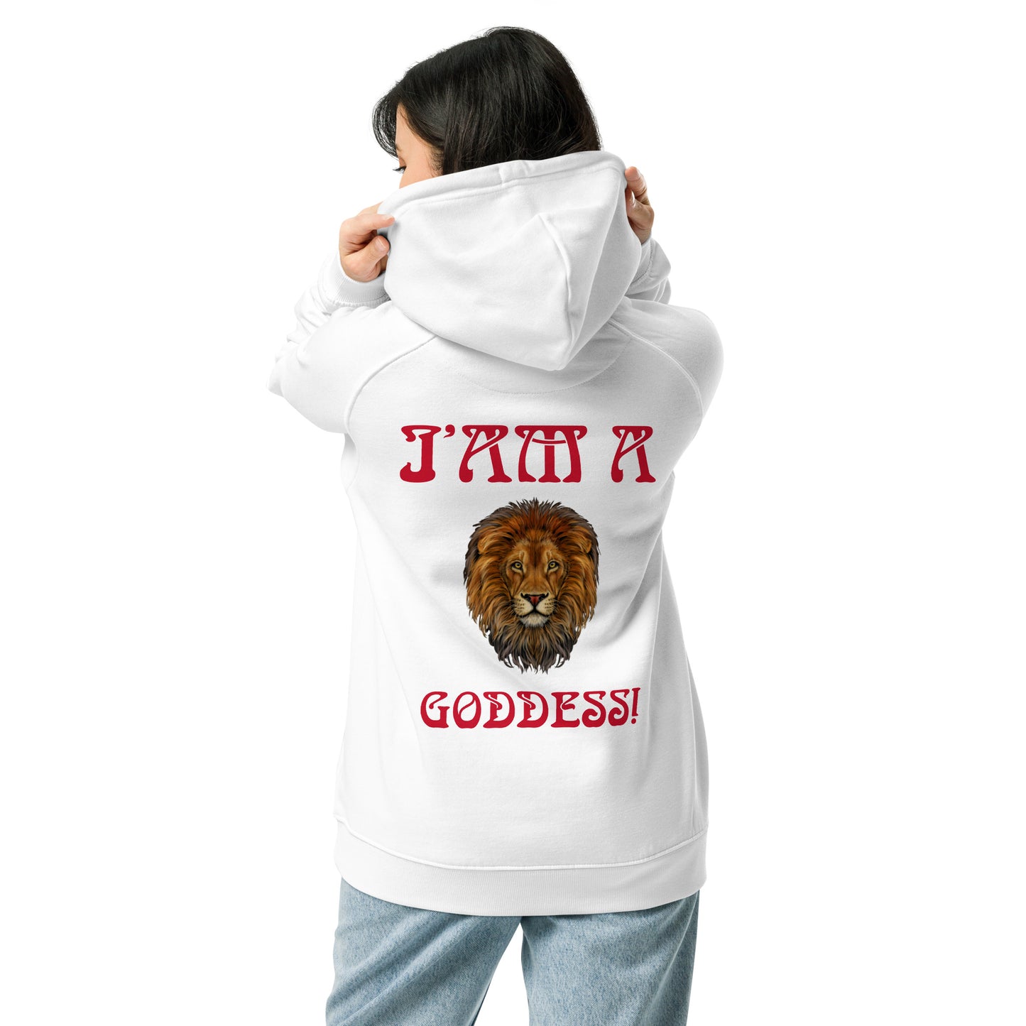 “I’AM A GODDESS!”Women’s Eco Raglan Hoodie W/Red Font