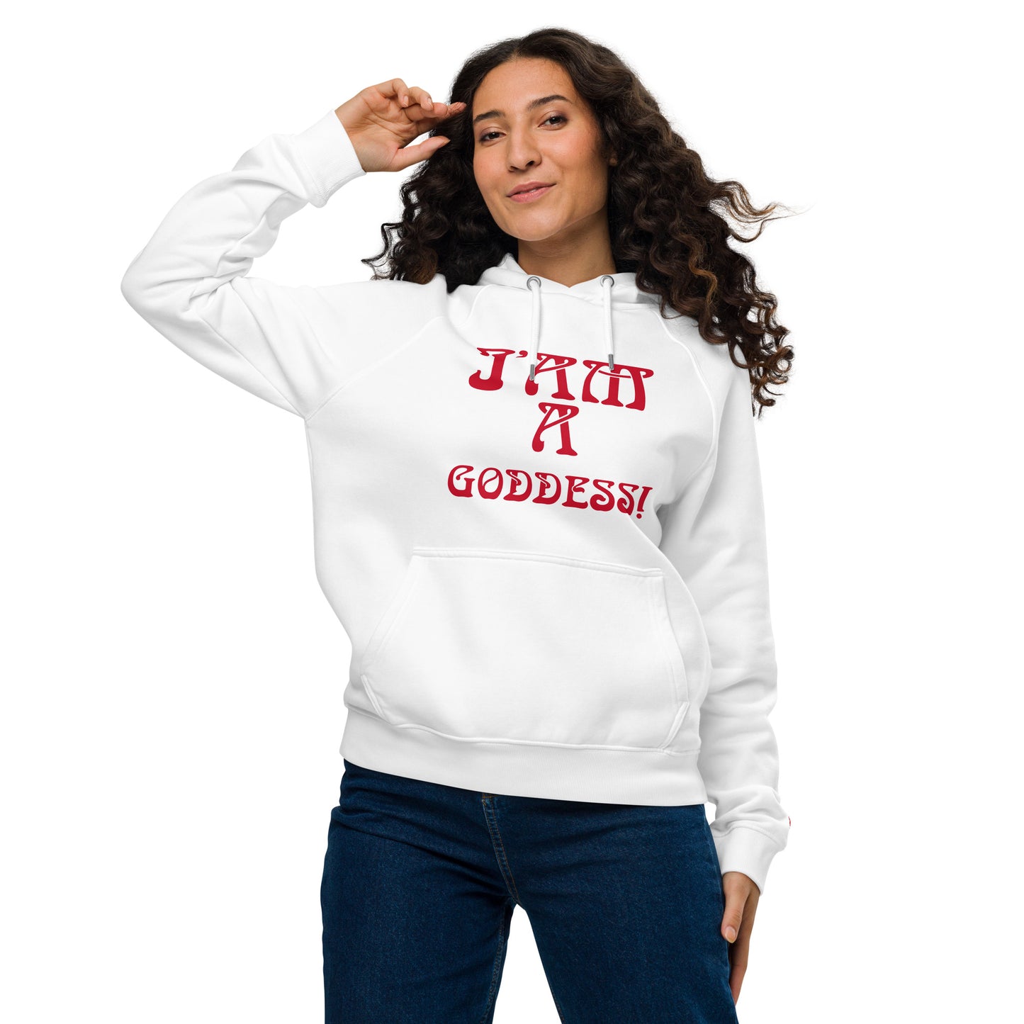 “I’AM A GODDESS!”Women’s Eco Raglan Hoodie W/Red Font