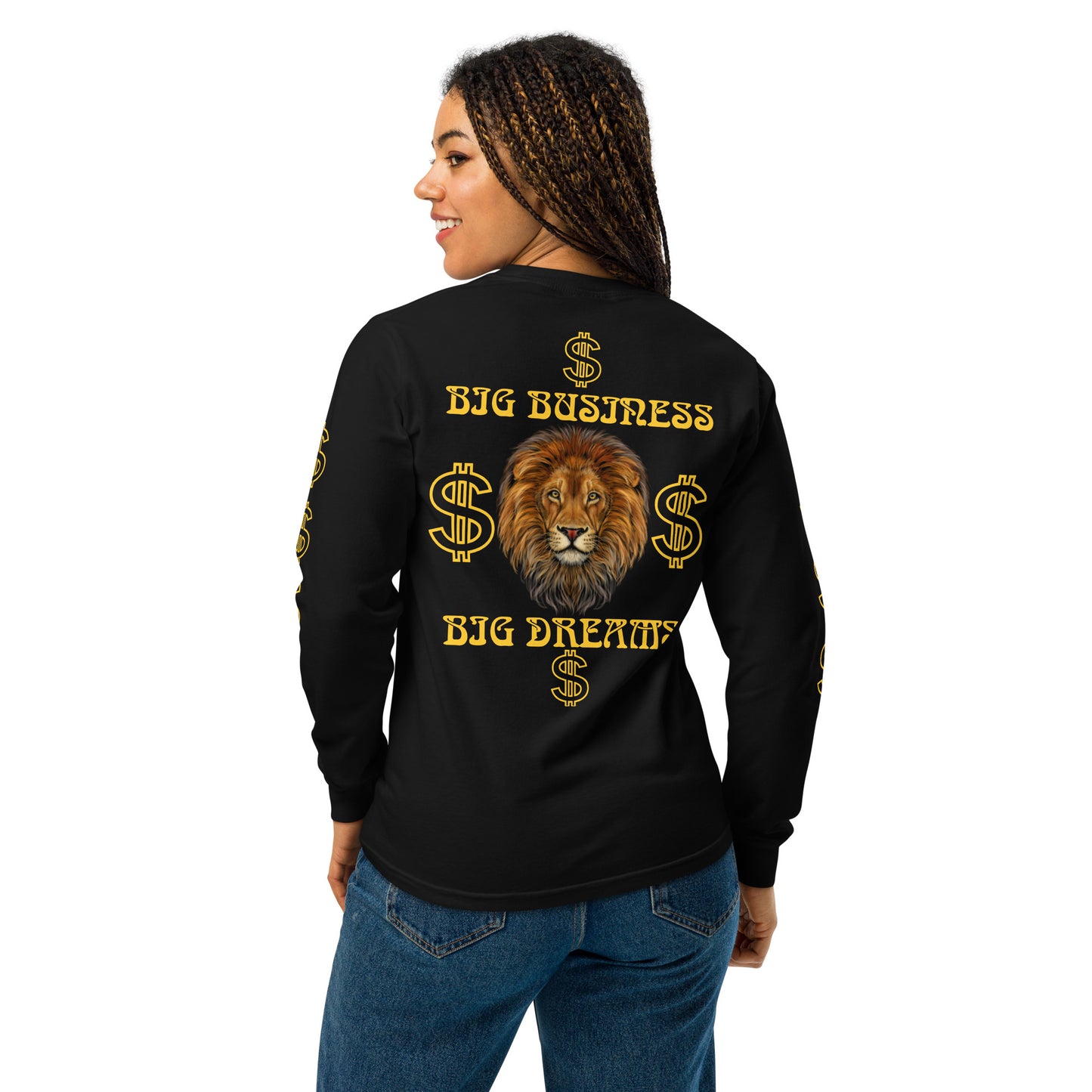 “BIG BUSINESS, BIG DREAMS!”Garment-Dyed Heavyweight Long-Sleeve Shirt W/Yellow Font