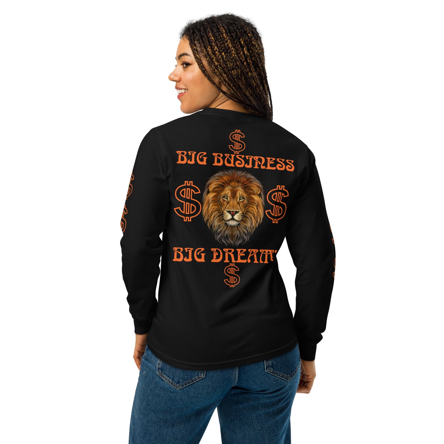 “BIG BUSINESS, BIG DREAMS!"Garment-Dyed Heavyweight Long-Sleeve Shirt W/Orange Font