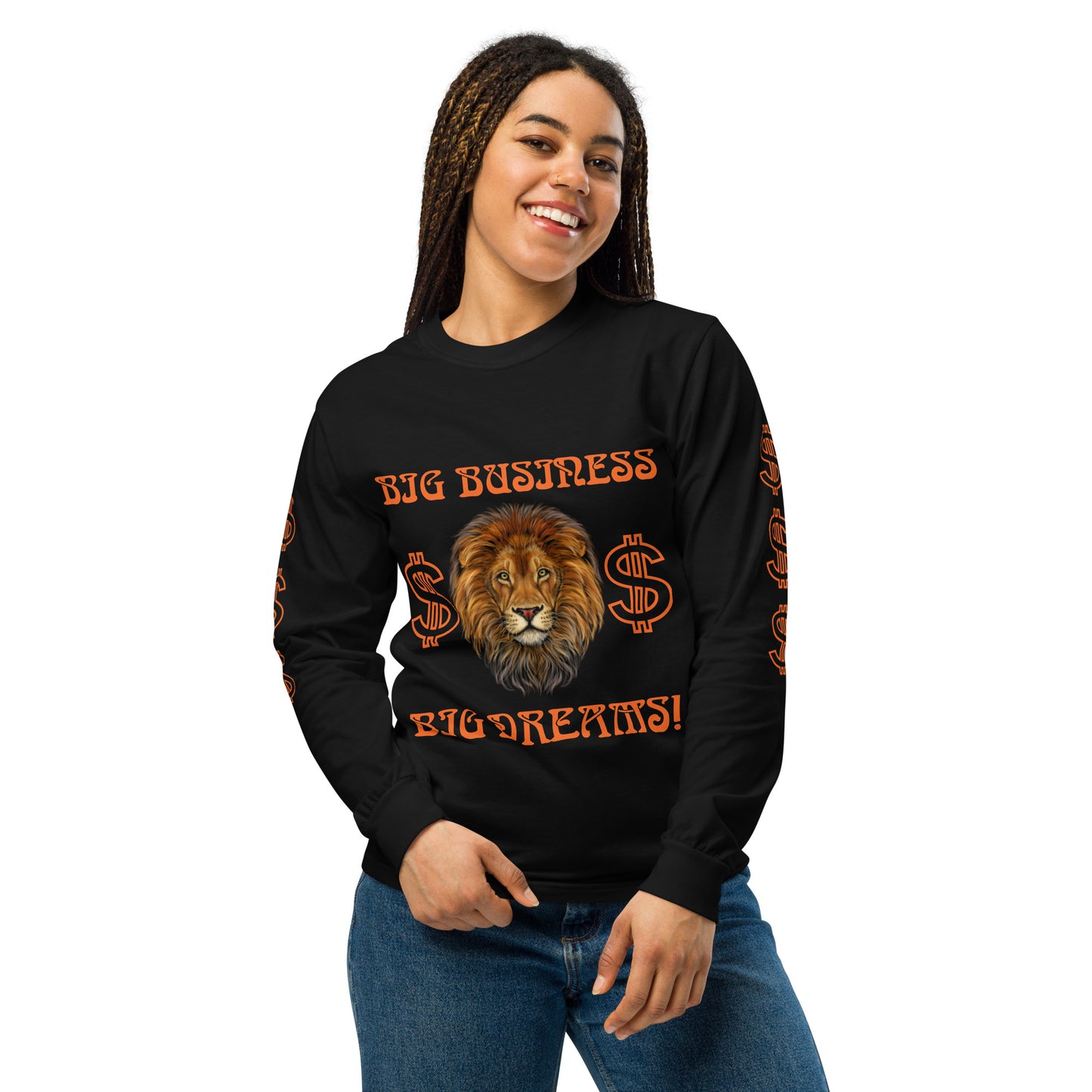 “BIG BUSINESS, BIG DREAMS!"Garment-Dyed Heavyweight Long-Sleeve Shirt W/Orange Font