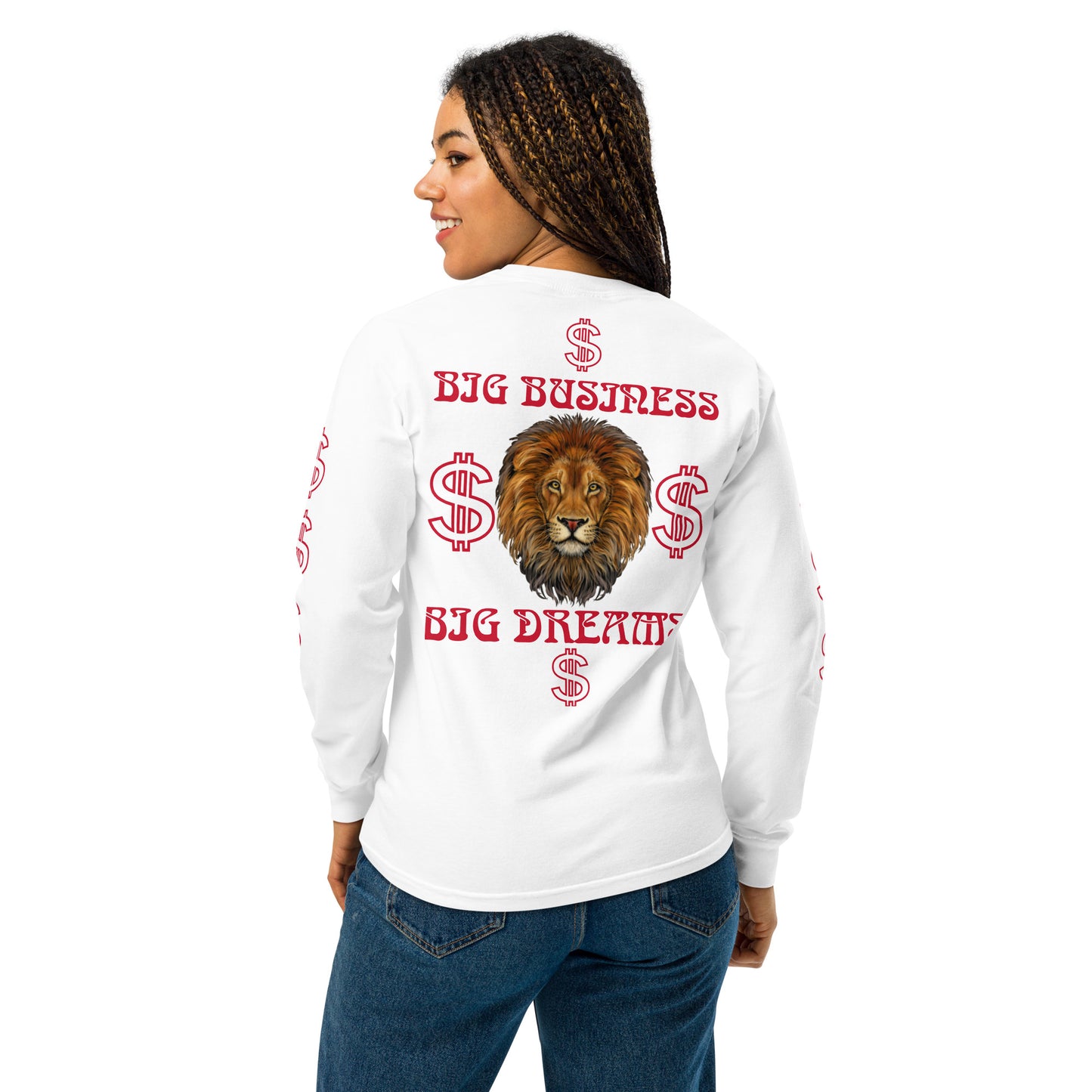 “BIG BUSINESS, BIG DREAMS!”Garment-Dyed Heavyweight Long-Sleeve Shirt W/Red Font