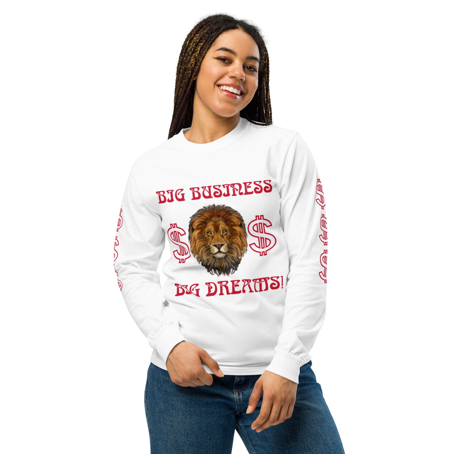 “BIG BUSINESS, BIG DREAMS!”Garment-Dyed Heavyweight Long-Sleeve Shirt W/Red Font