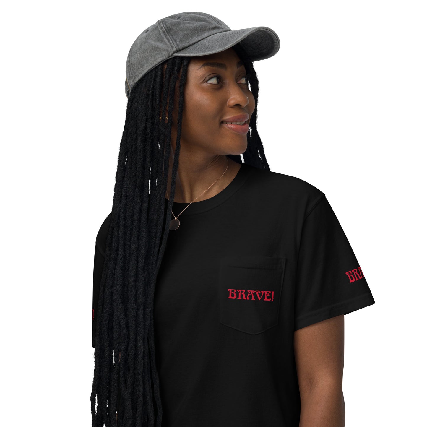 “BRAVE!”Unisex Garment-Dyed Pocket T-shirt W/Red Font