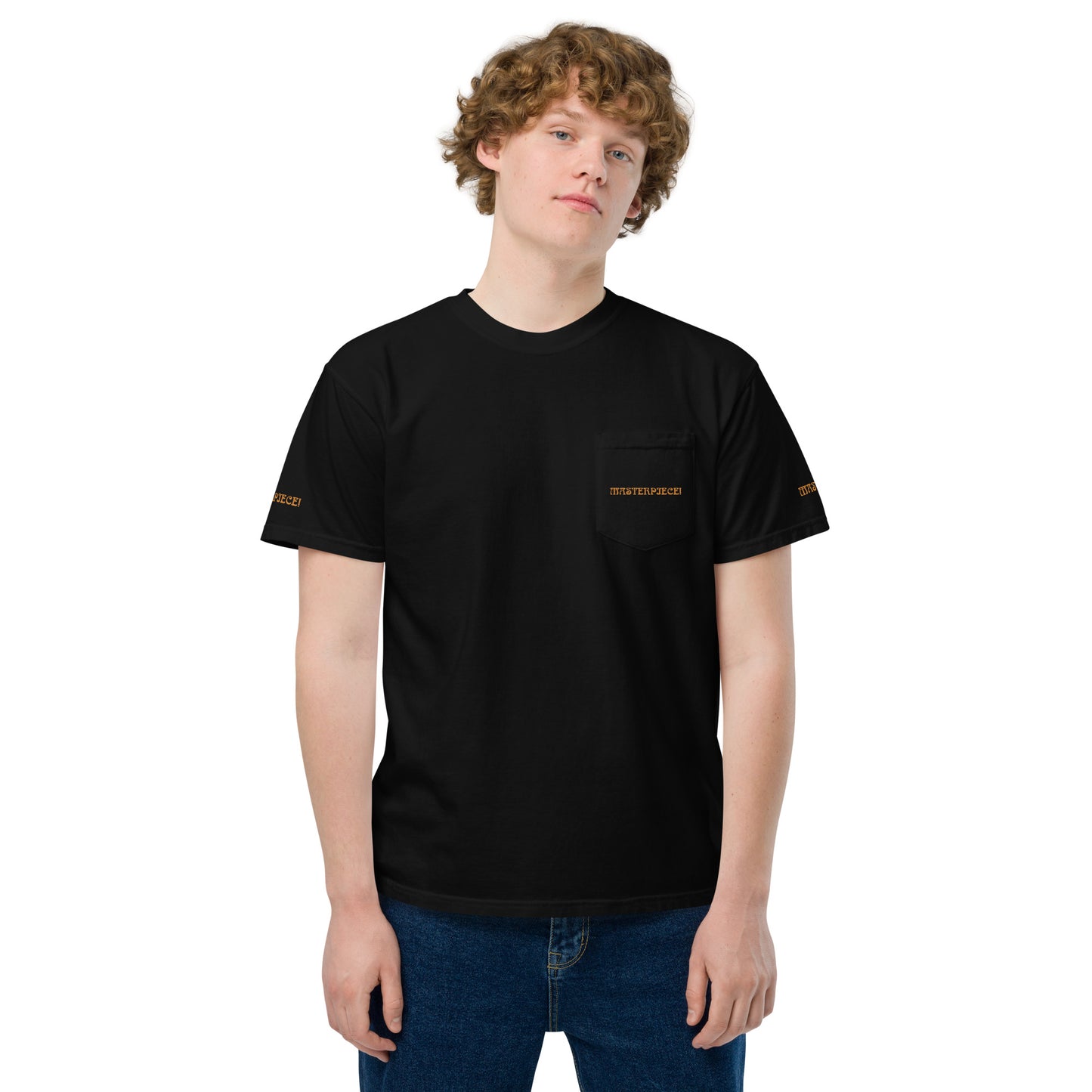“MASTERPIECE!”Unisex Garment-Dyed Pocket T-Shirt W/Bronze Font