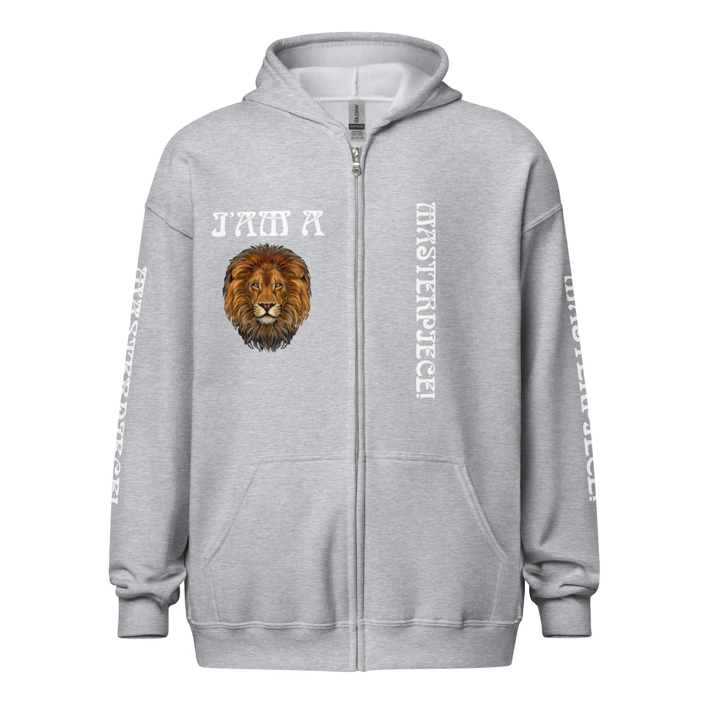 “IAM A MASTERPIECE!"Unisex Heavy Blend zip Hoodie W/White Font