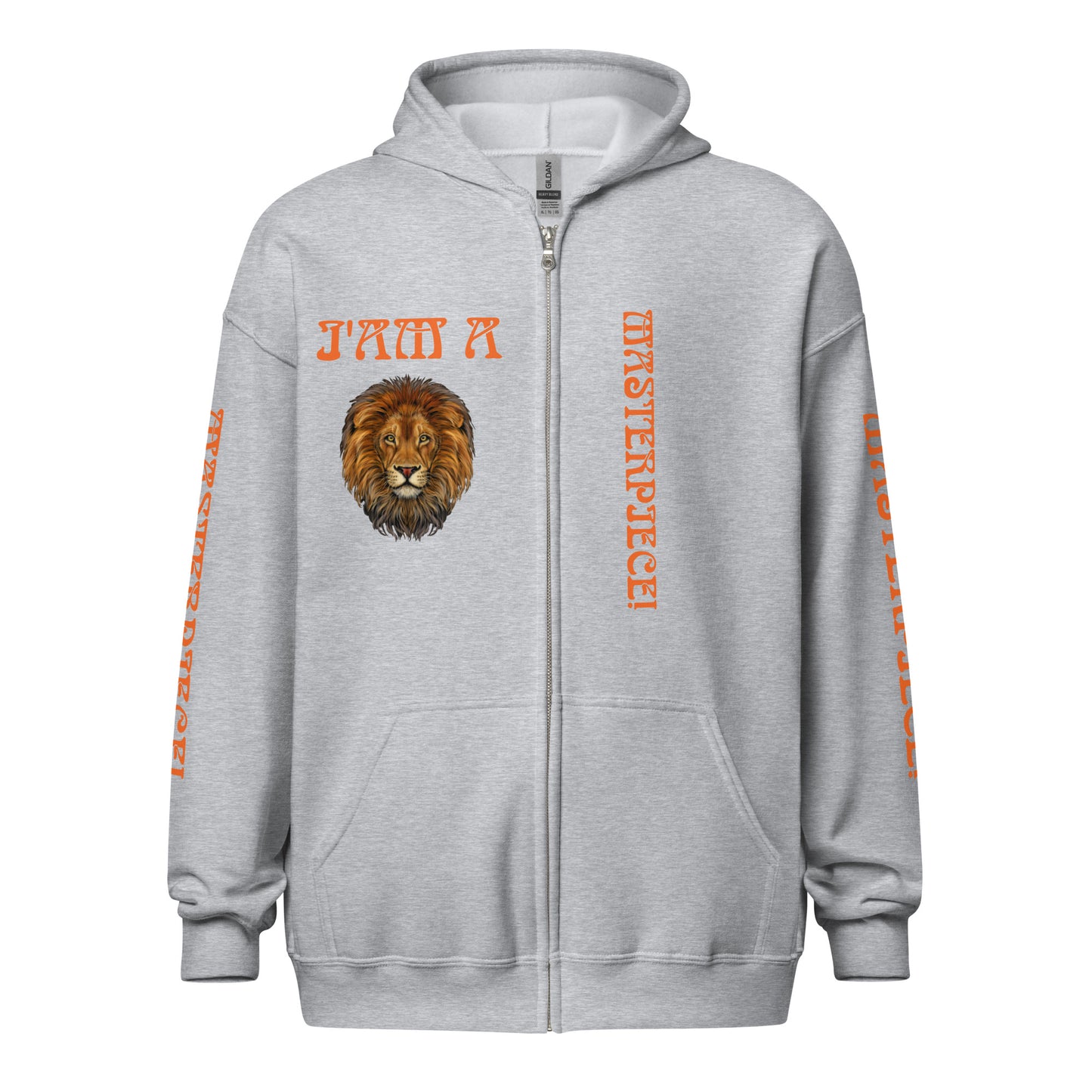 “IAM A MASTERPIECE!"Unisex Heavy Blend Zip Hoodie W/Orange Font