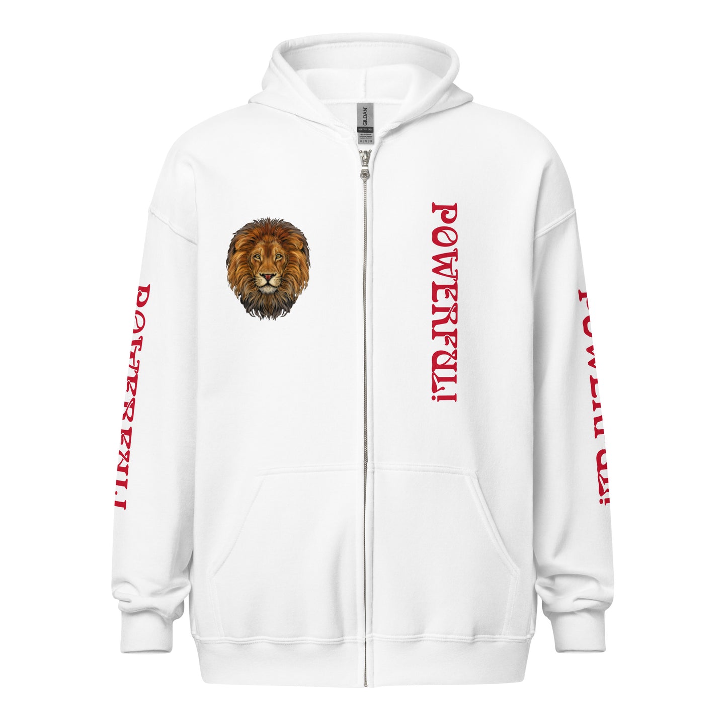 “POWERFUL!"Unisex Heavy Blend Zip Hoodie W/Red Font