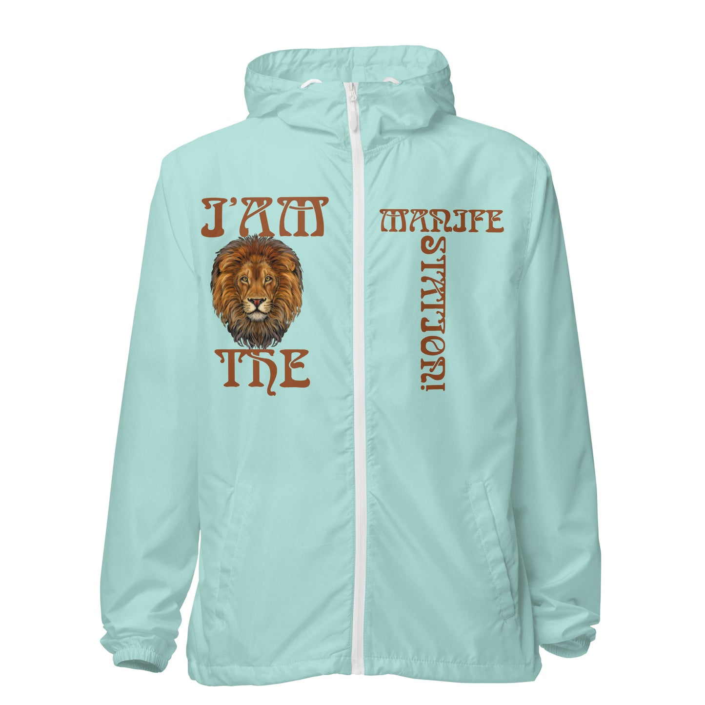 “I’AM THE MANIFESTATION!” Unisex Lightweight Zip Up Windbreaker W/Brown Font