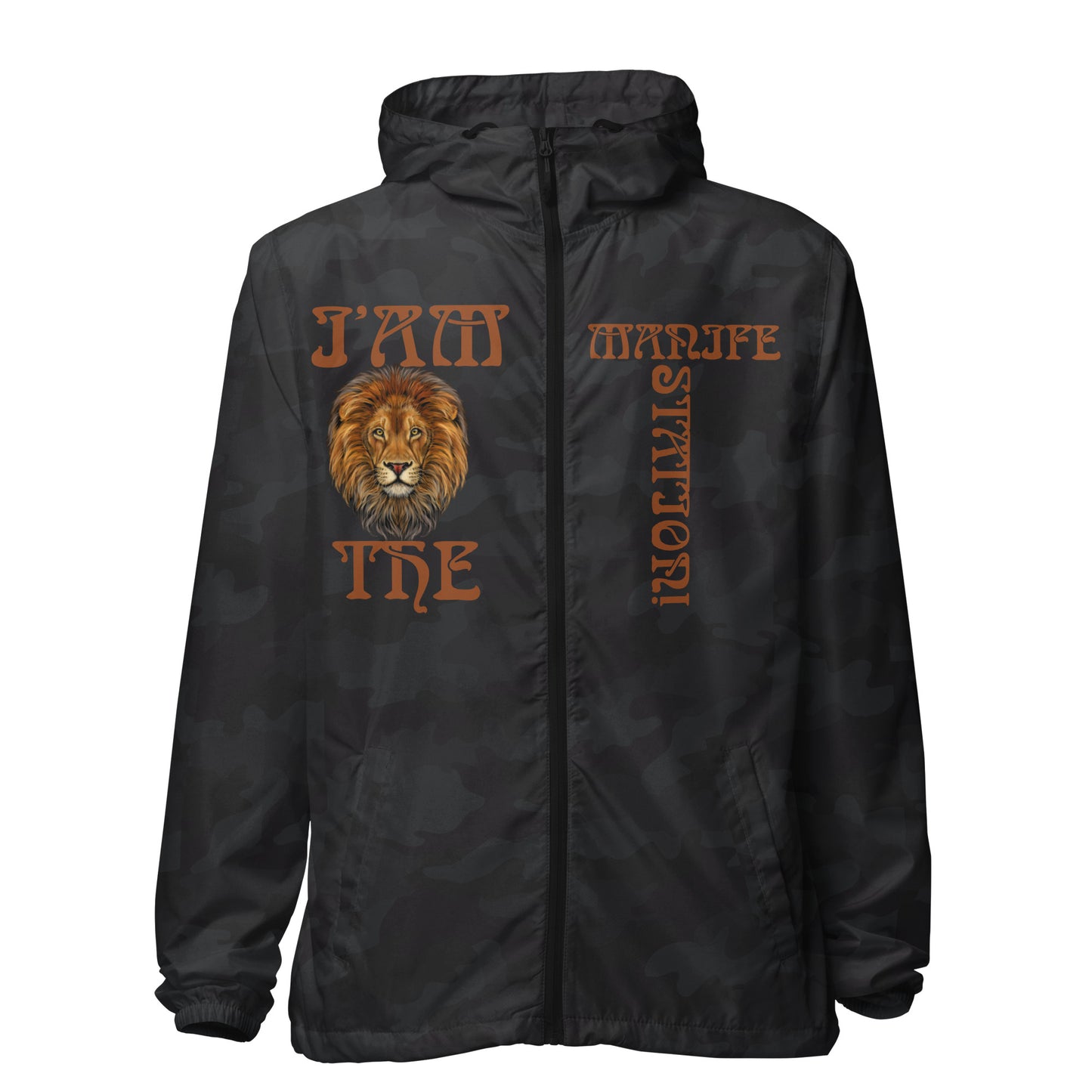 “I’AM THE MANIFESTATION!” Unisex Lightweight Zip Up Windbreaker W/Brown Font