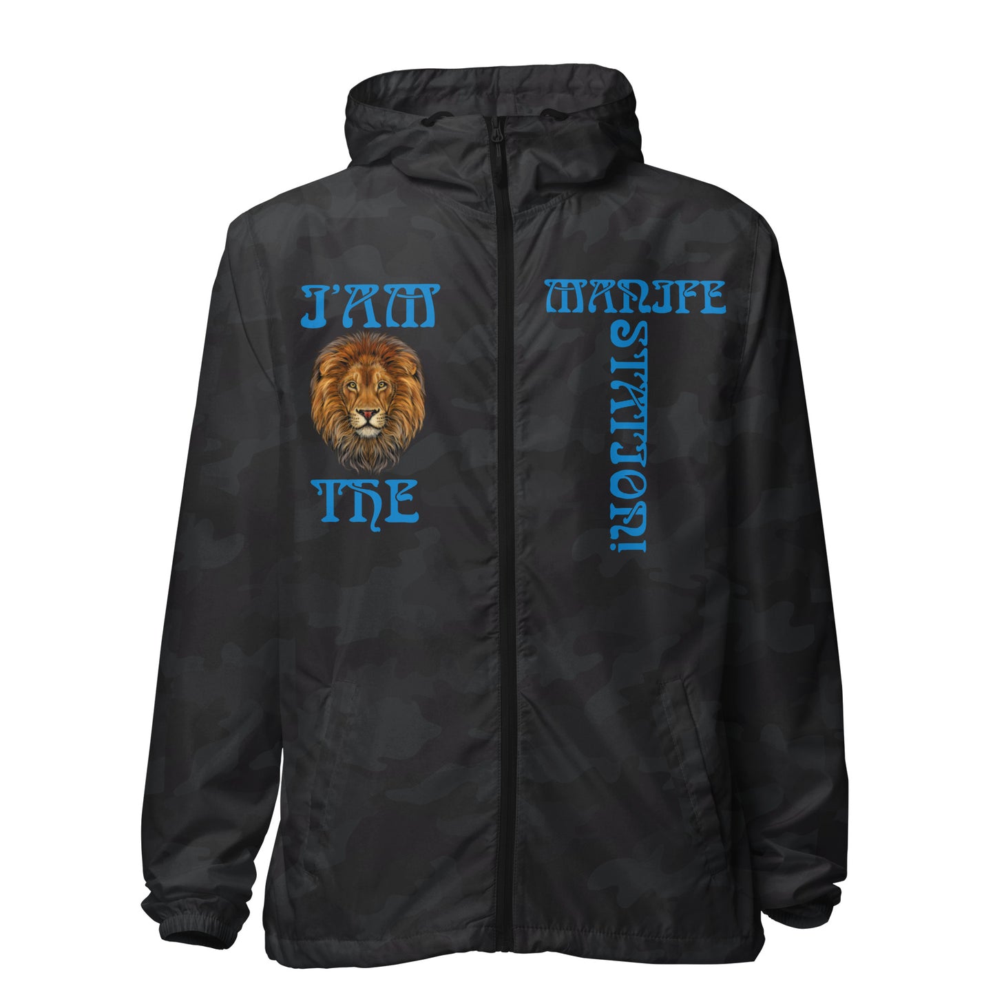 “I’AM THE MANIFESTATION!”Unisex Lightweight Zip Up Windbreaker W/SkyBlue Font
