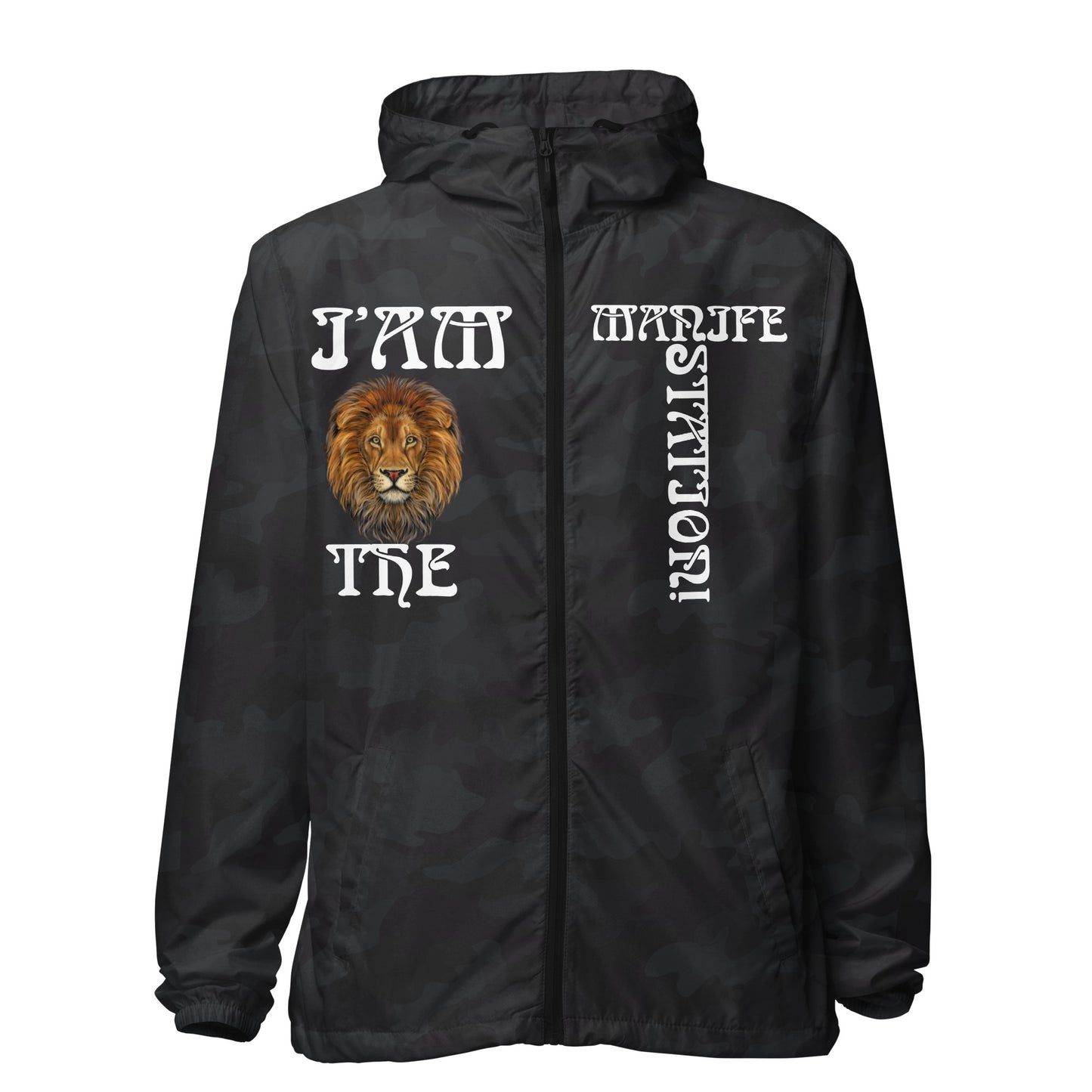 “I’AM THE MANIFESTATION!”Unisex Lightweight Zip Up Windbreaker W/White Font