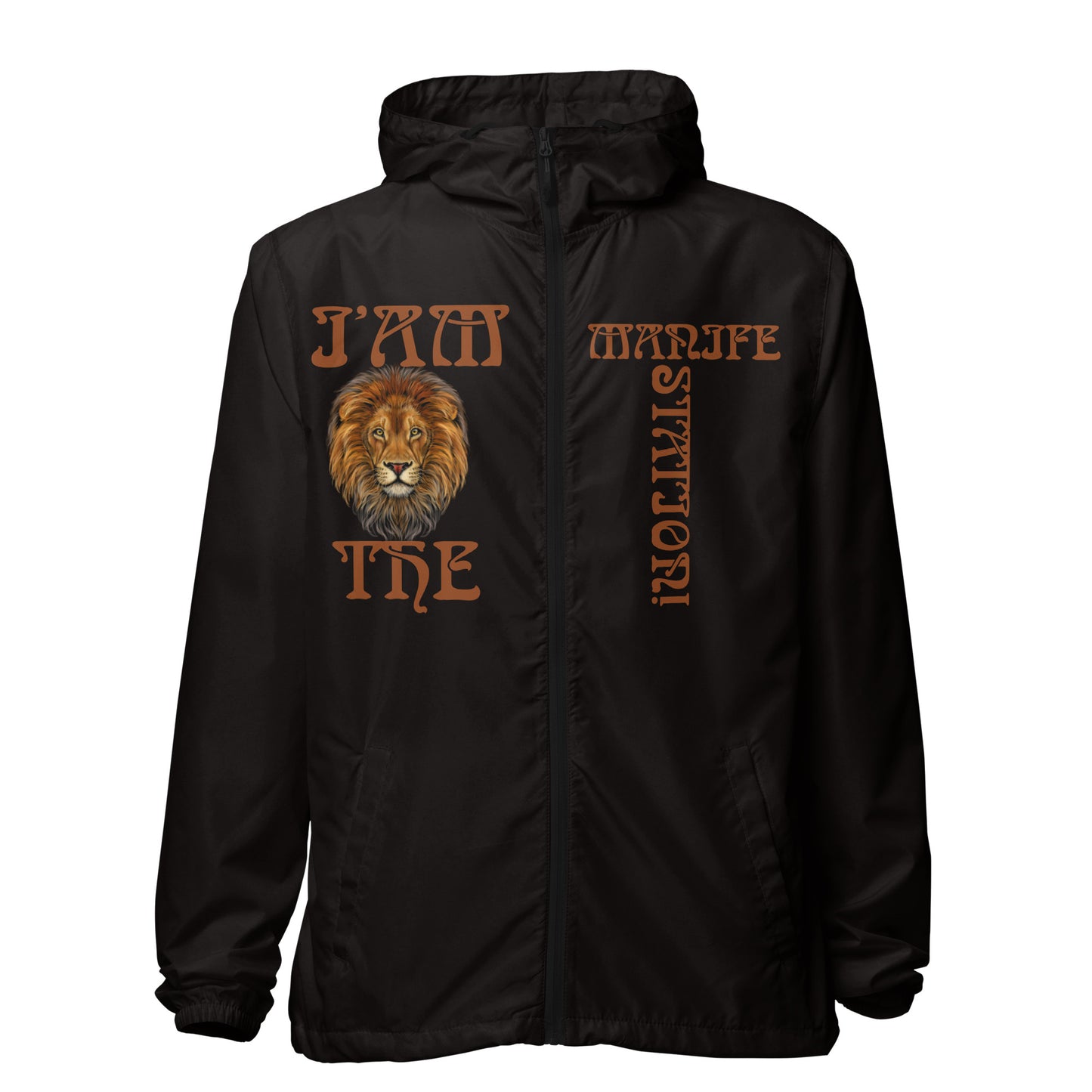 “I’AM THE MANIFESTATION!” Unisex Lightweight Zip Up Windbreaker W/Brown Font