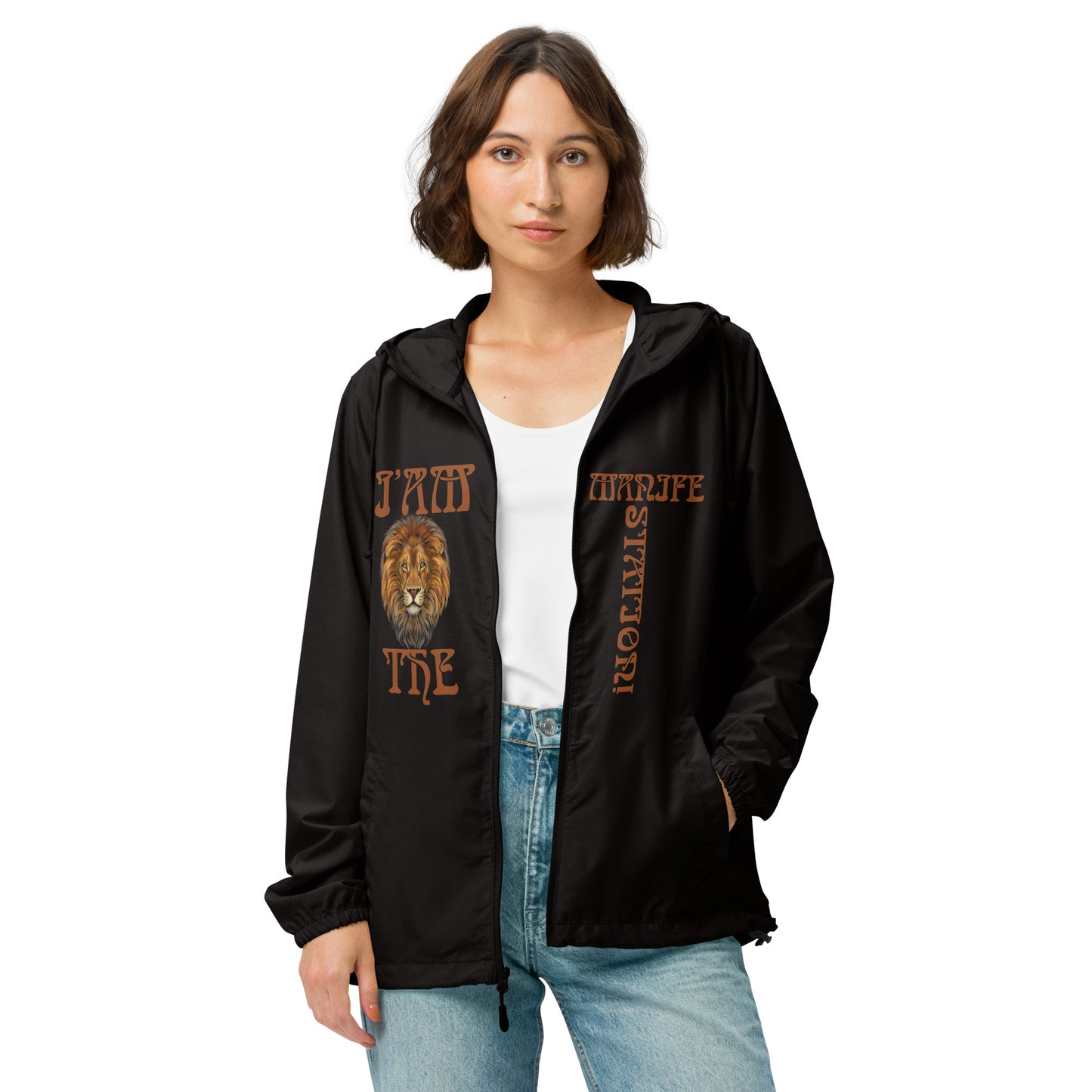 “I’AM THE MANIFESTATION!” Unisex Lightweight Zip Up Windbreaker W/Brown Font