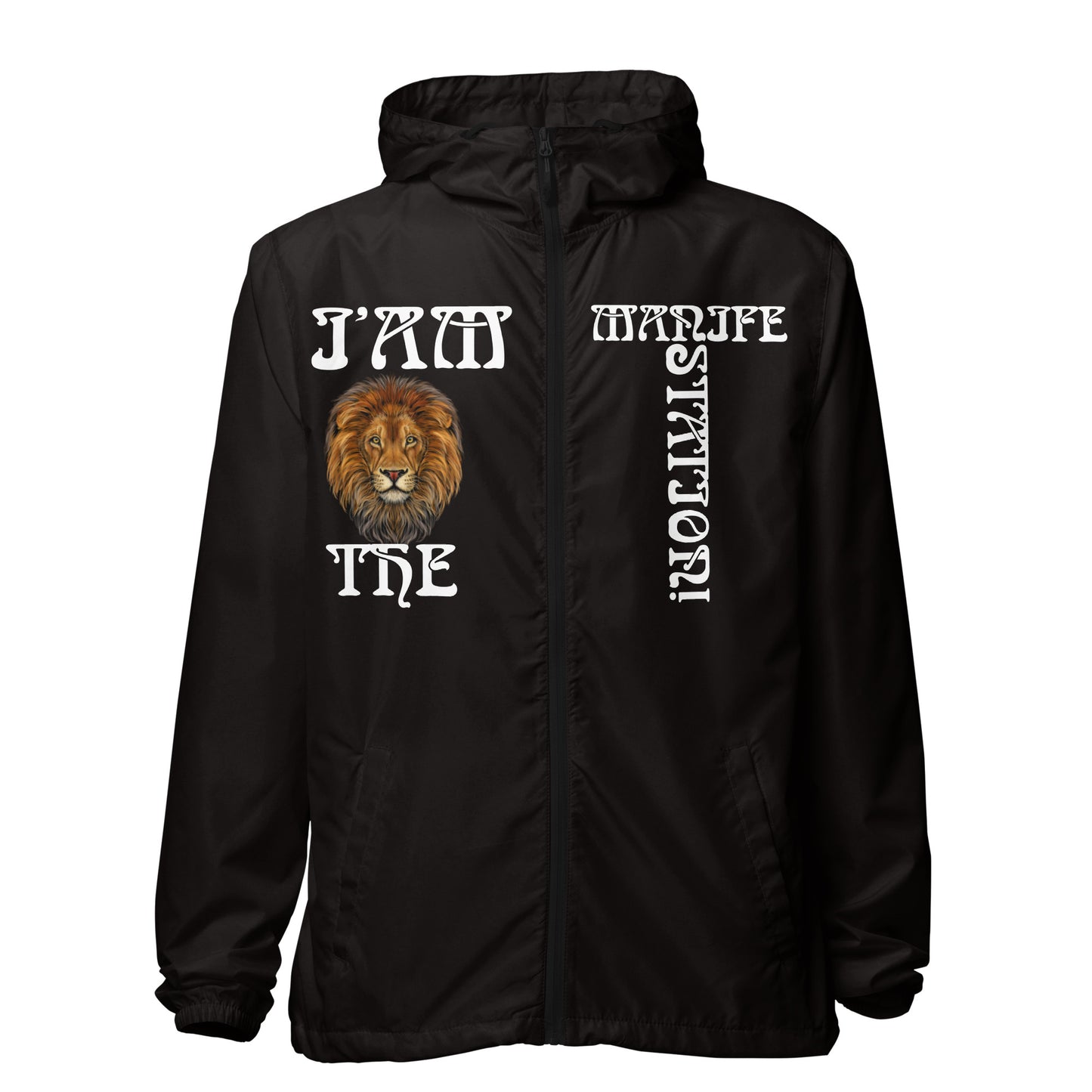“I’AM THE MANIFESTATION!”Unisex Lightweight Zip Up Windbreaker W/White Font