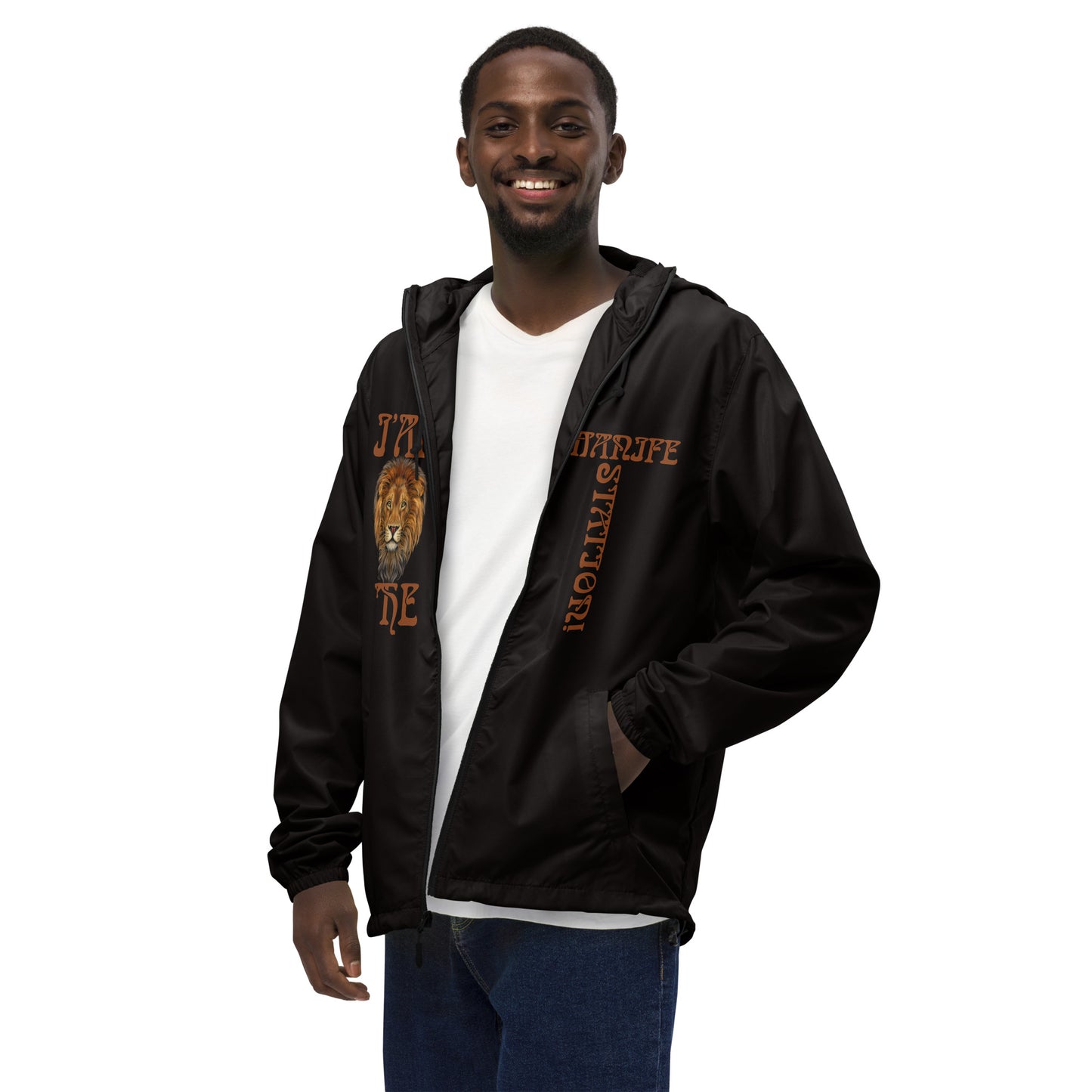 “I’AM THE MANIFESTATION!” Unisex Lightweight Zip Up Windbreaker W/Brown Font