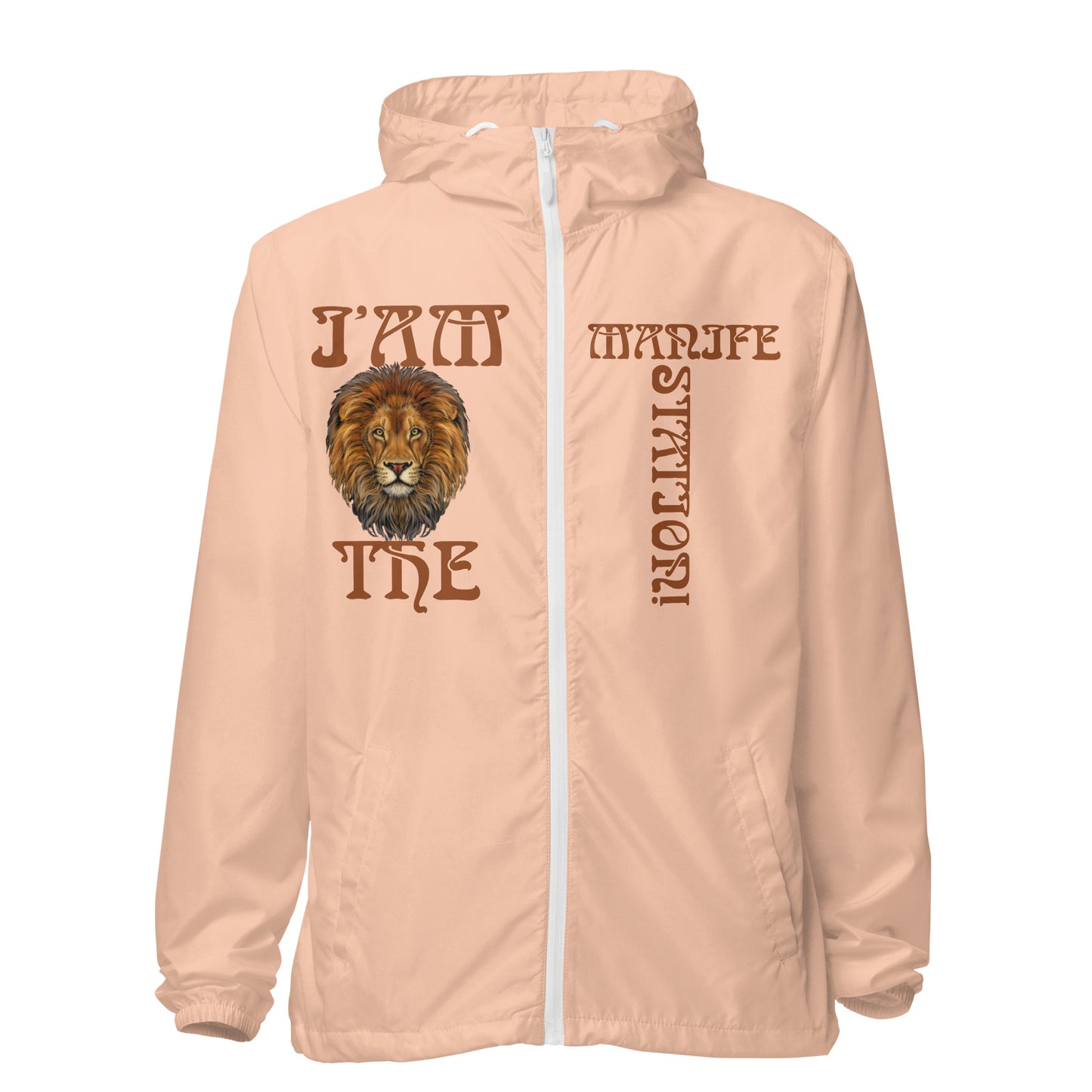“I’AM THE MANIFESTATION!” Unisex Lightweight Zip Up Windbreaker W/Brown Font