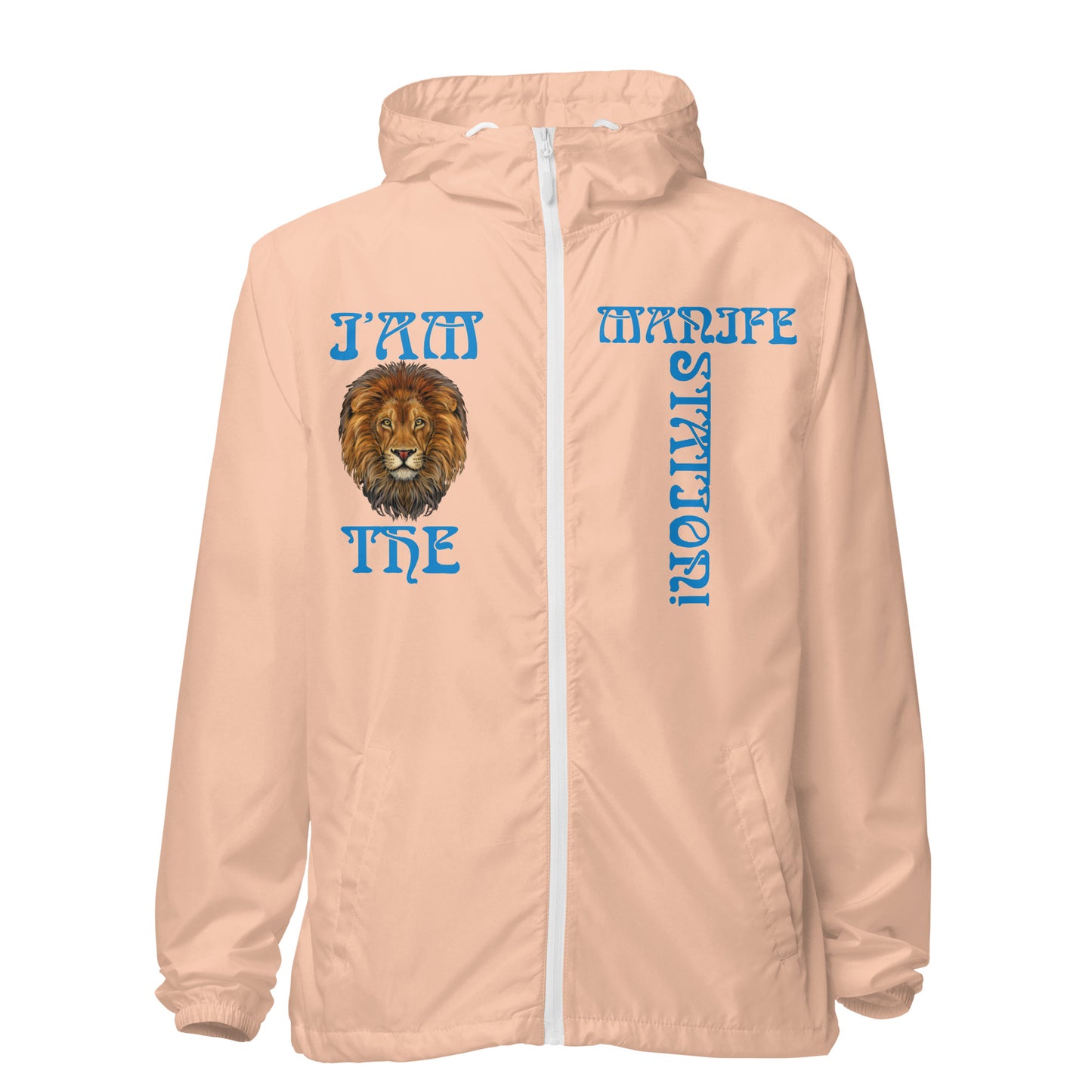 “I’AM THE MANIFESTATION!”Unisex Lightweight Zip Up Windbreaker W/SkyBlue Font