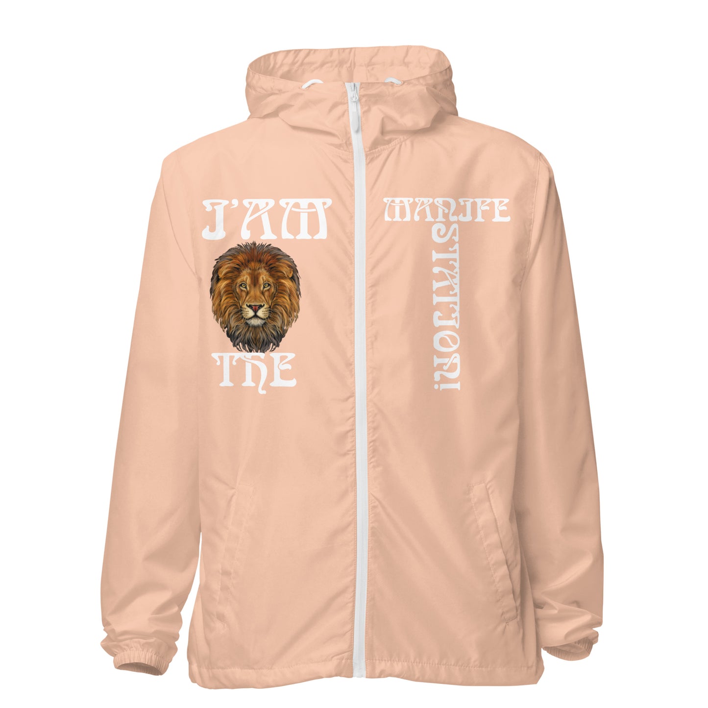 “I’AM THE MANIFESTATION!”Unisex Lightweight Zip Up Windbreaker W/White Font