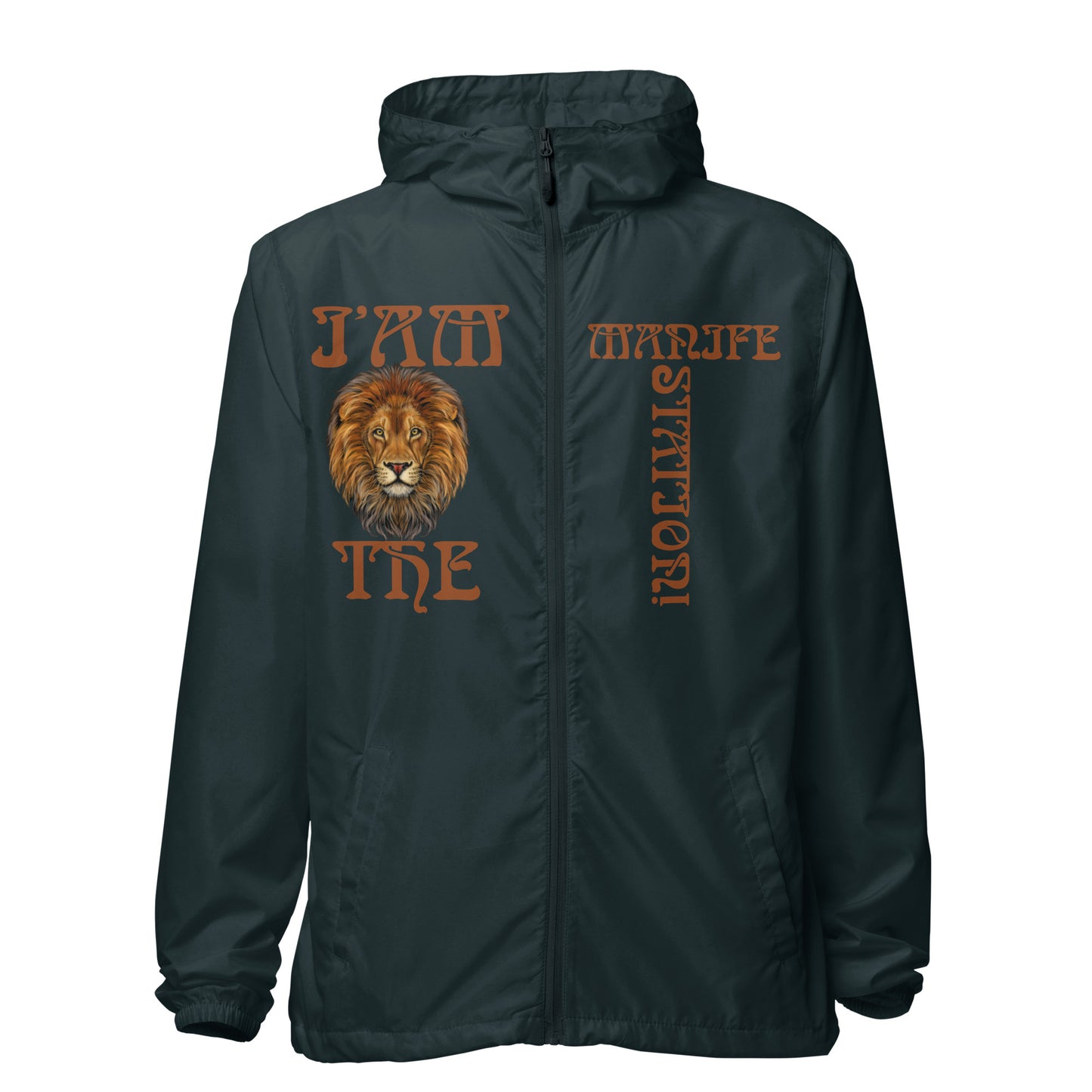 “I’AM THE MANIFESTATION!” Unisex Lightweight Zip Up Windbreaker W/Brown Font