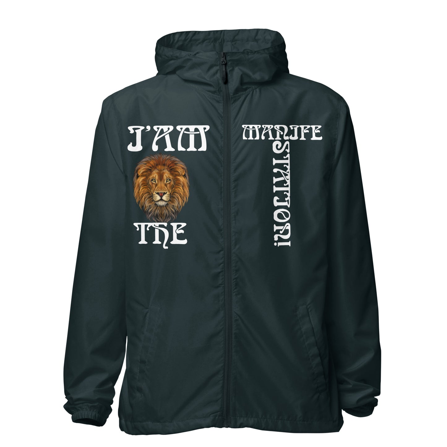 “I’AM THE MANIFESTATION!”Unisex Lightweight Zip Up Windbreaker W/White Font