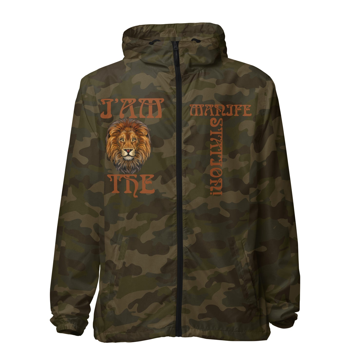 “I’AM THE MANIFESTATION!” Unisex Lightweight Zip Up Windbreaker W/Brown Font