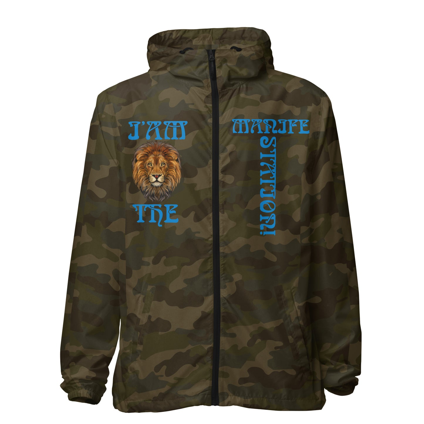 “I’AM THE MANIFESTATION!”Unisex Lightweight Zip Up Windbreaker W/SkyBlue Font