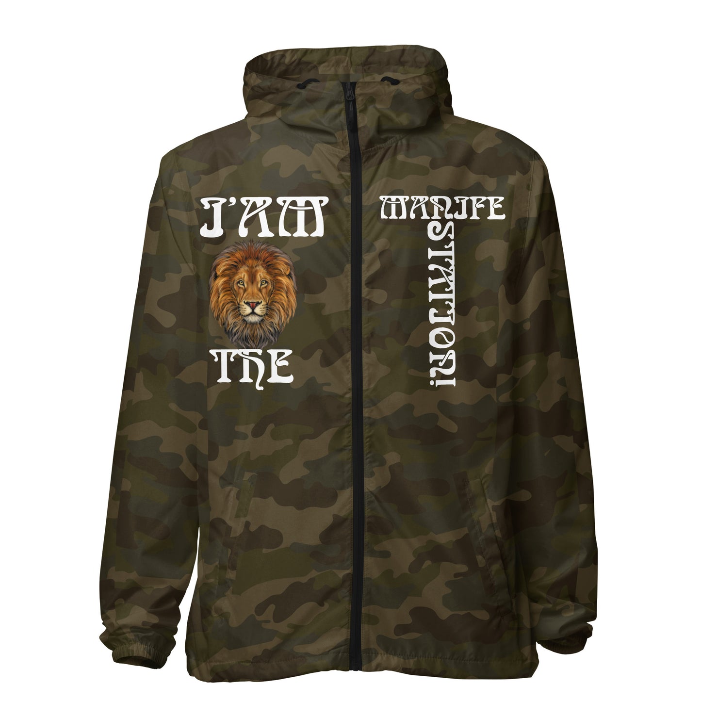 “I’AM THE MANIFESTATION!”Unisex Lightweight Zip Up Windbreaker W/White Font