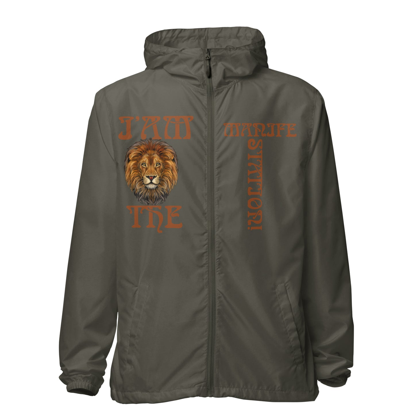 “I’AM THE MANIFESTATION!” Unisex Lightweight Zip Up Windbreaker W/Brown Font