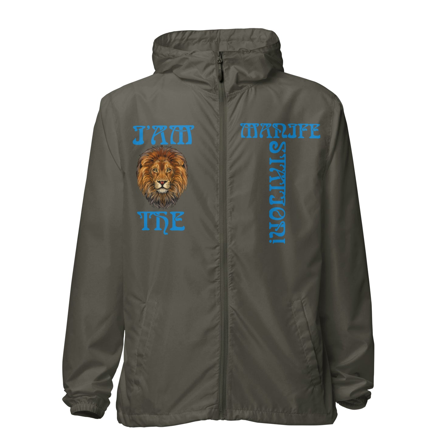 “I’AM THE MANIFESTATION!”Unisex Lightweight Zip Up Windbreaker W/SkyBlue Font