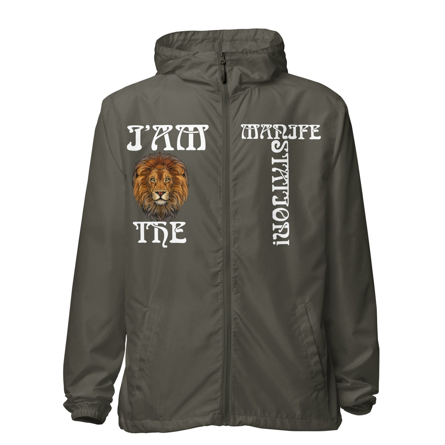 “I’AM THE MANIFESTATION!”Unisex Lightweight Zip Up Windbreaker W/White Font