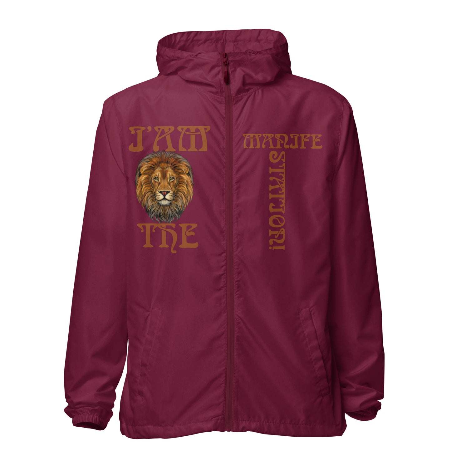 “I’AM THE MANIFESTATION!” Unisex Lightweight Zip Up Windbreaker W/Brown Font