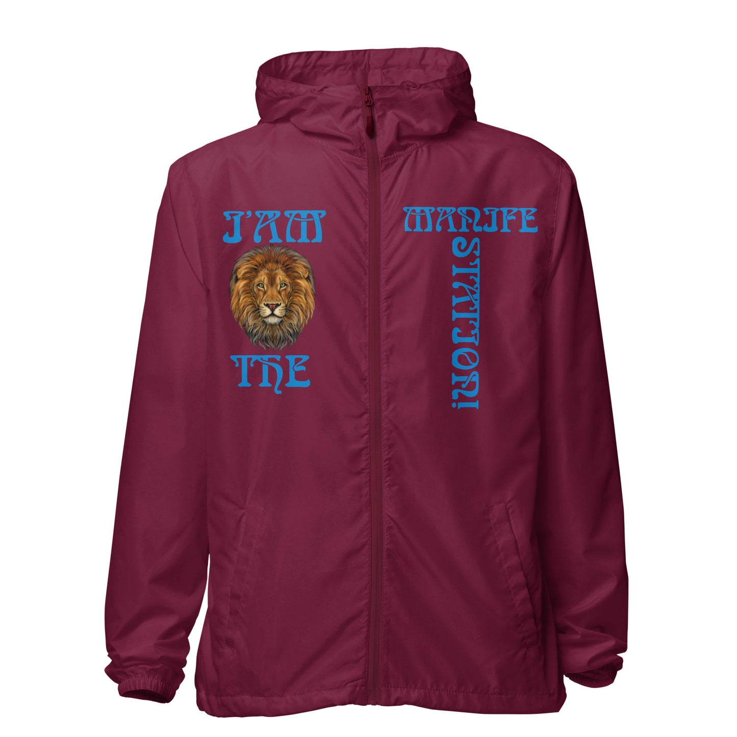 “I’AM THE MANIFESTATION!”Unisex Lightweight Zip Up Windbreaker W/SkyBlue Font