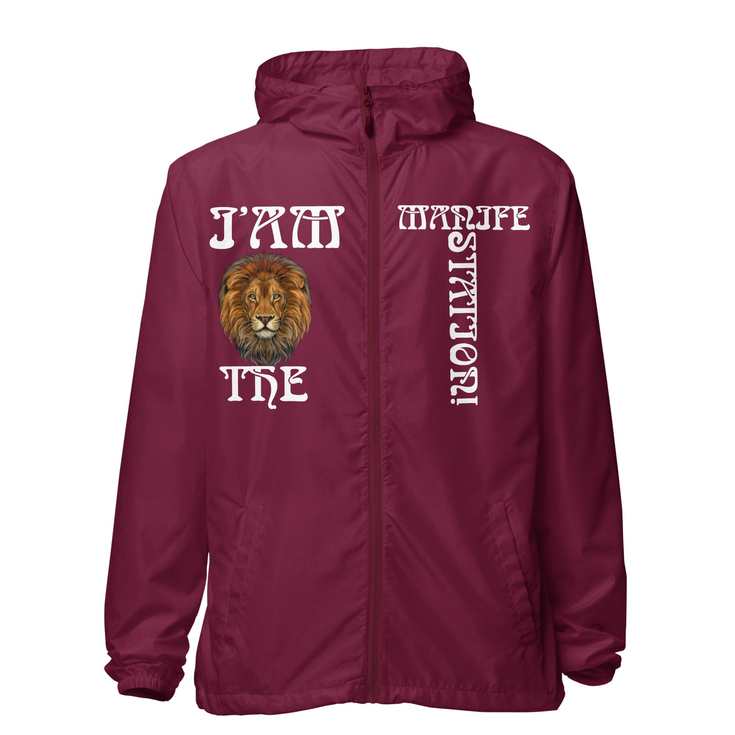 “I’AM THE MANIFESTATION!”Unisex Lightweight Zip Up Windbreaker W/White Font