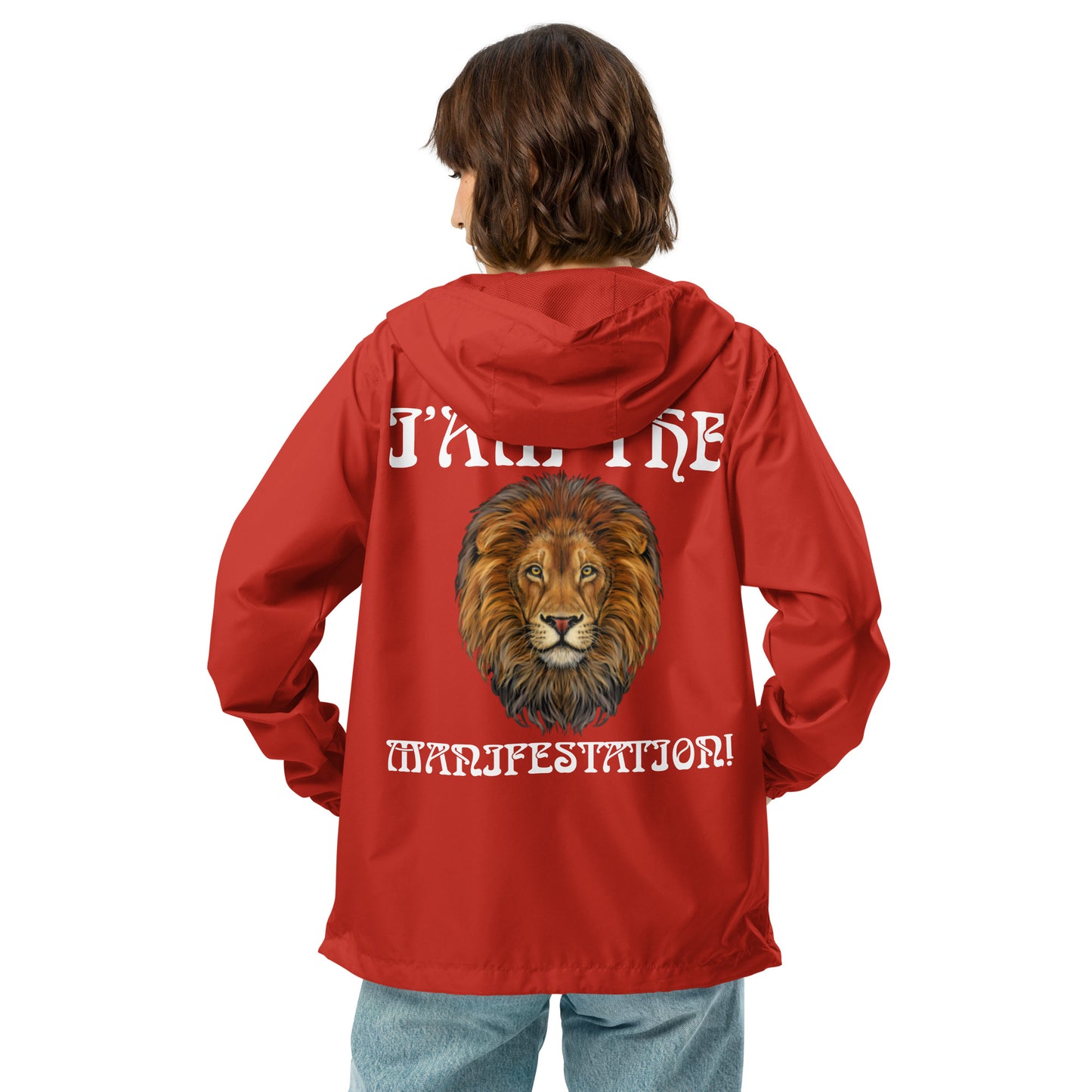 “I’AM THE MANIFESTATION!”Unisex Lightweight Zip Up Windbreaker W/White Font