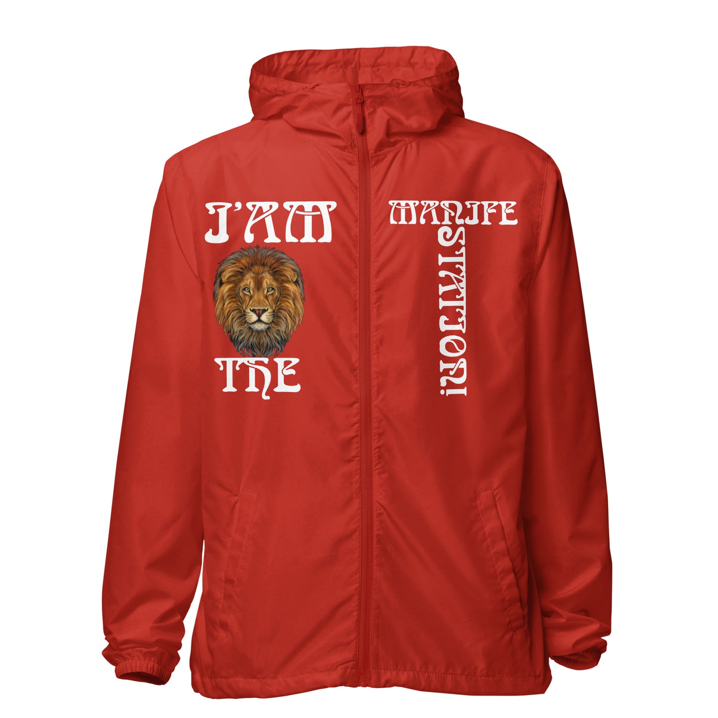 “I’AM THE MANIFESTATION!”Unisex Lightweight Zip Up Windbreaker W/White Font