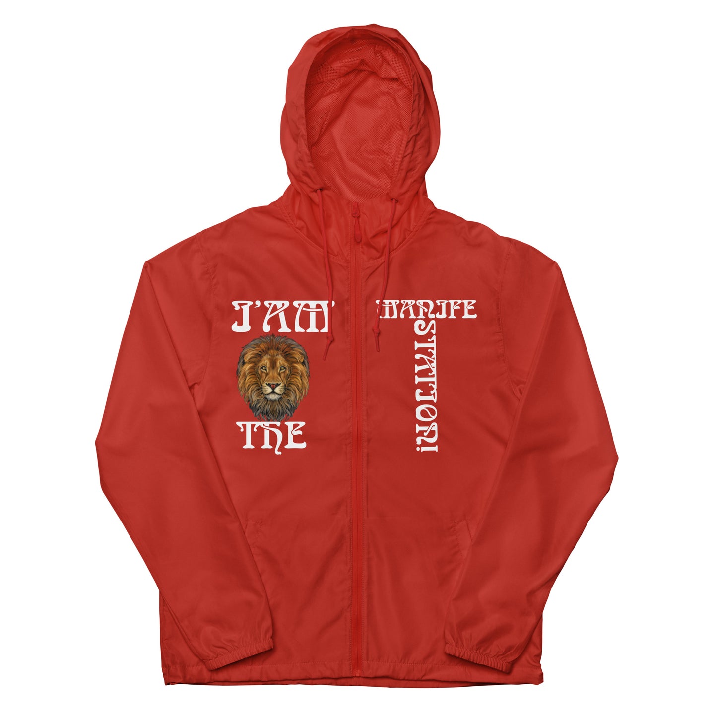 “I’AM THE MANIFESTATION!”Unisex Lightweight Zip Up Windbreaker W/White Font