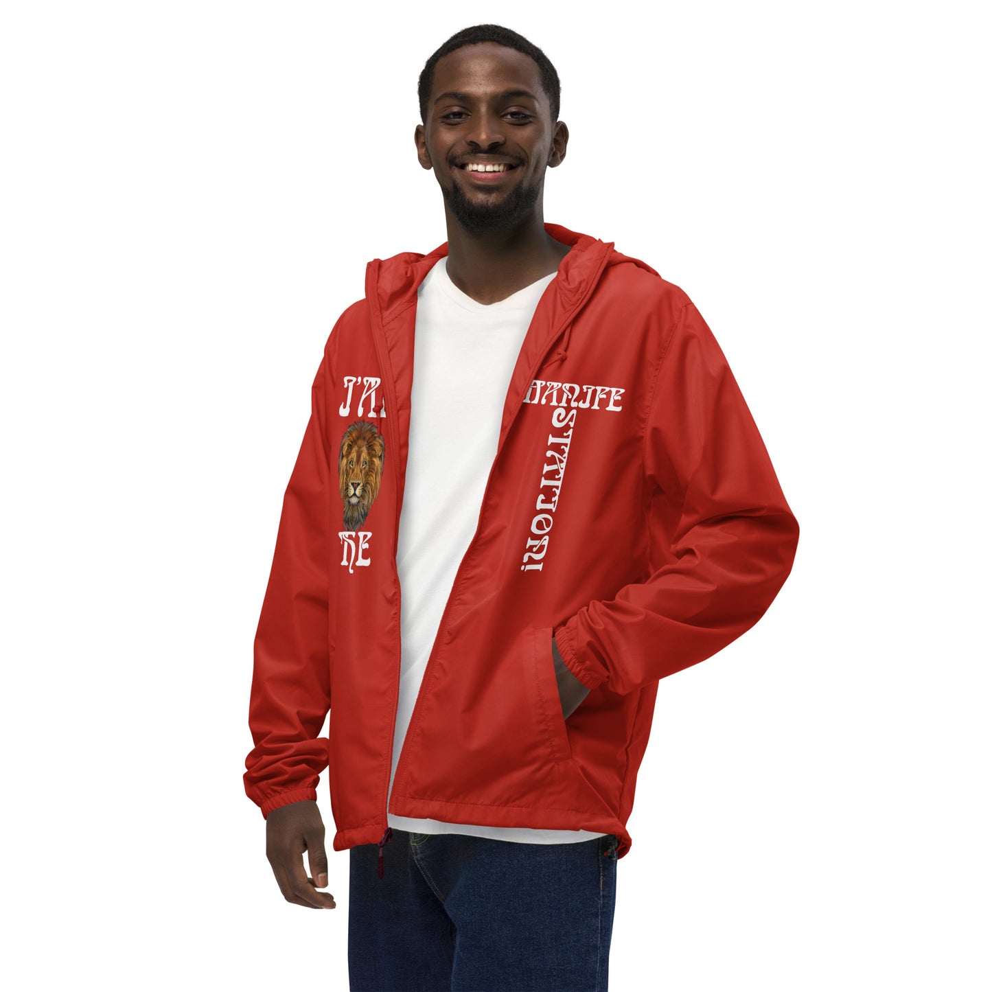 “I’AM THE MANIFESTATION!”Unisex Lightweight Zip Up Windbreaker W/White Font