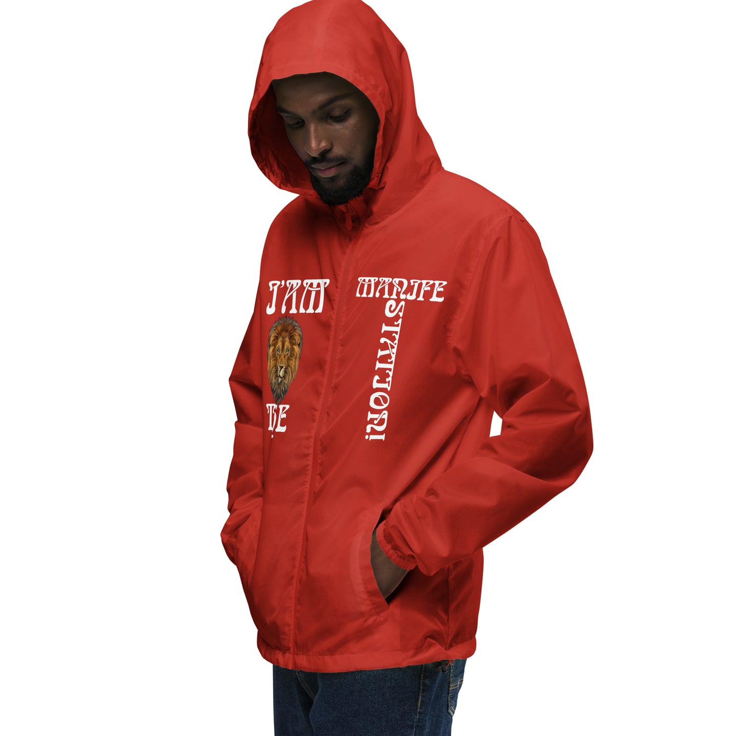 “I’AM THE MANIFESTATION!”Unisex Lightweight Zip Up Windbreaker W/White Font