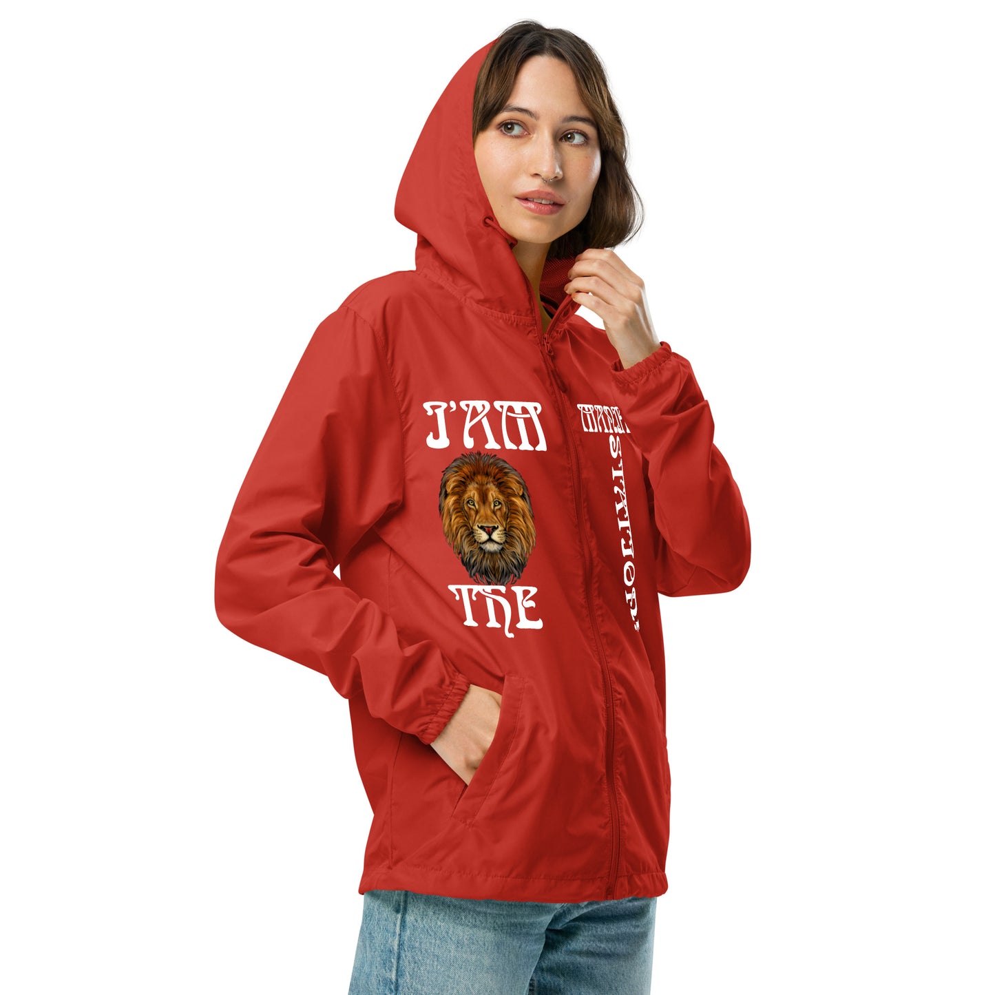 “I’AM THE MANIFESTATION!”Unisex Lightweight Zip Up Windbreaker W/White Font