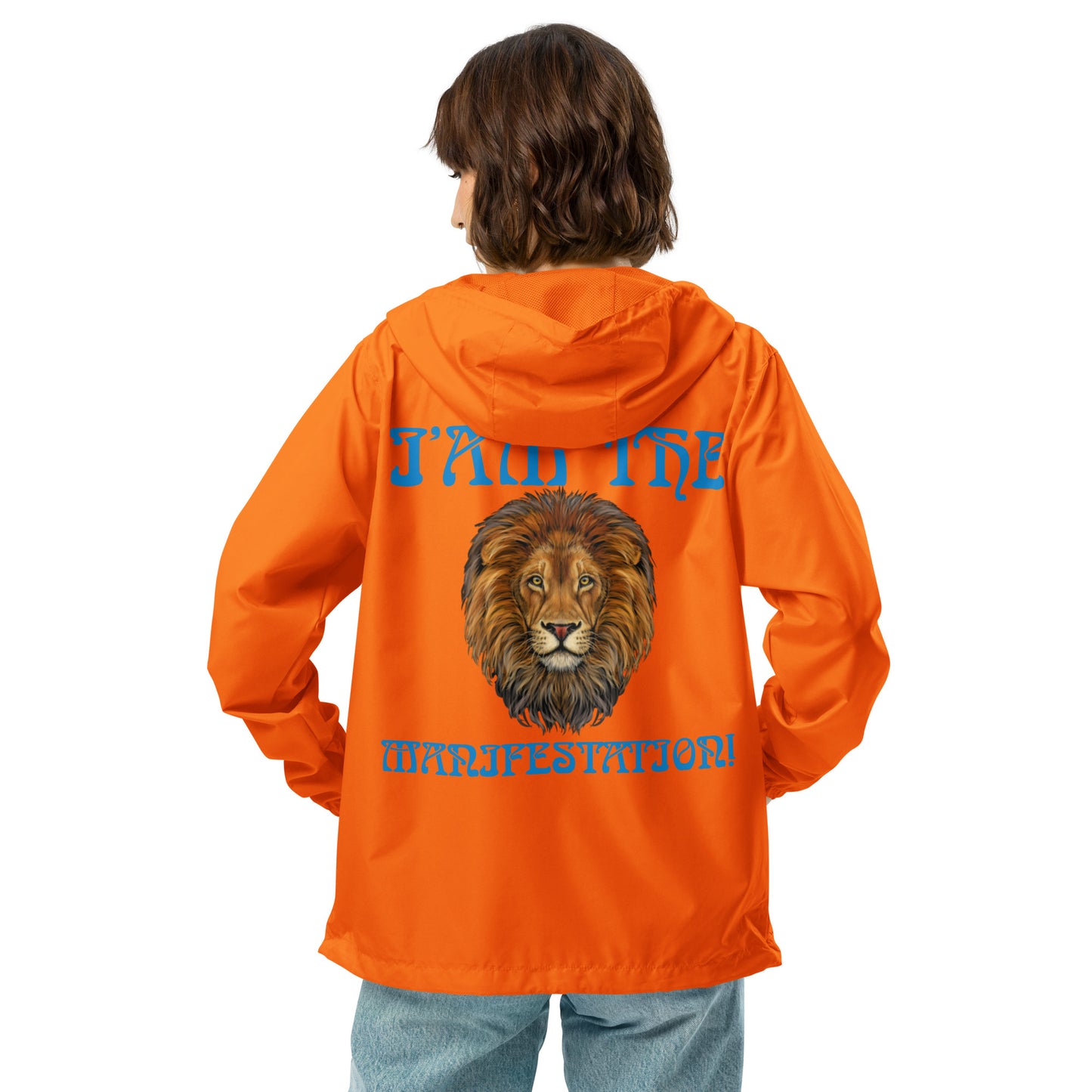 “I’AM THE MANIFESTATION!”Unisex Lightweight Zip Up Windbreaker W/SkyBlue Font